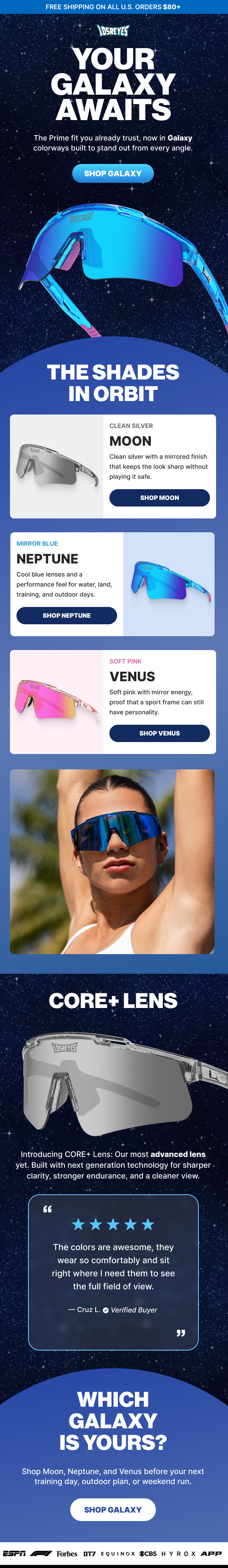 An advertisement for galaxy-themed sunglasses featuring various colors. The ad highlights different styles like Moon, Neptune, and Venus, with a close-up image of a woman wearing blue mirrored sunglasses. Background depicts a starry galaxy.