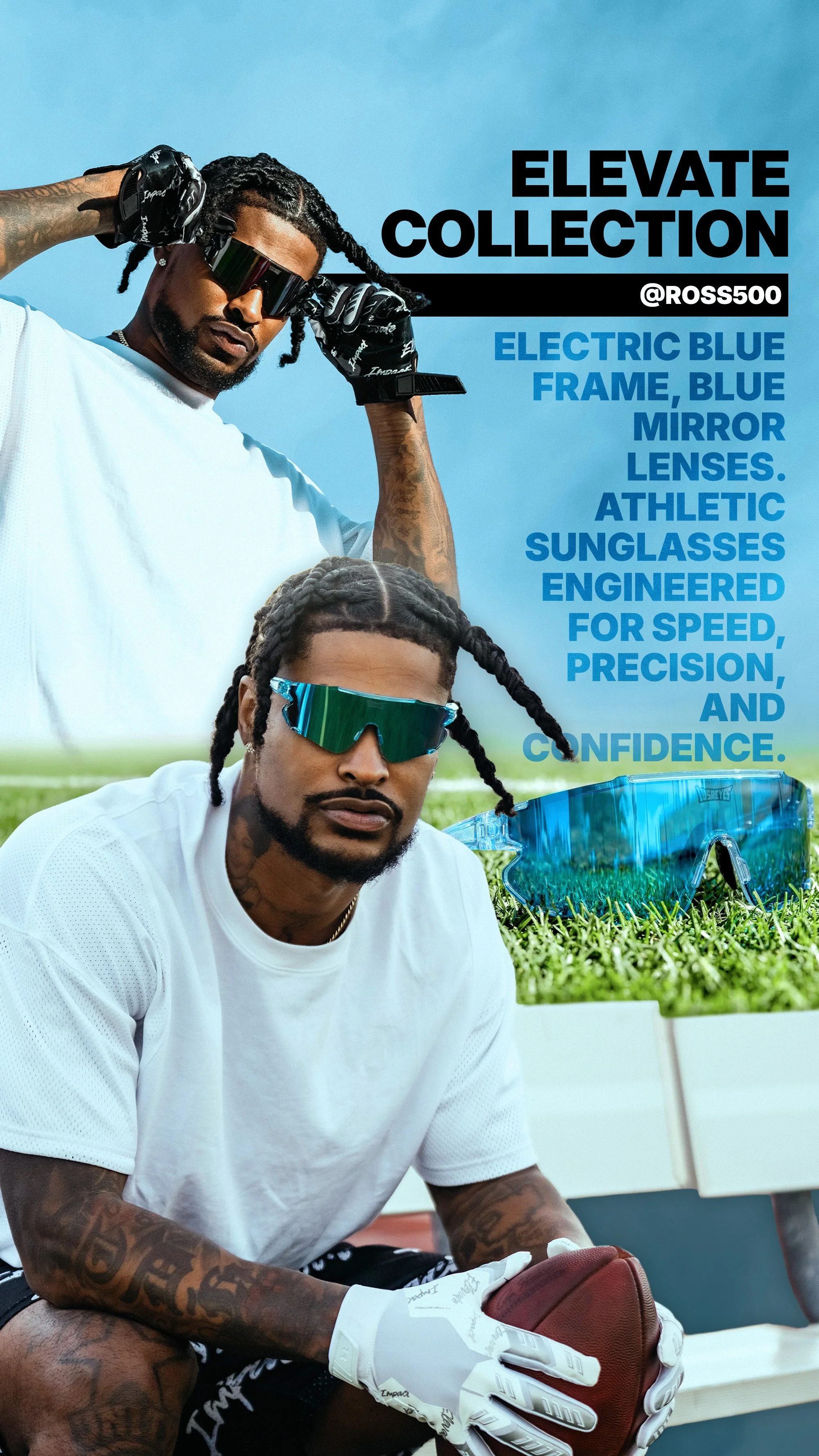 Two athletes wearing athletic sunglasses, gloves, and gloves with a football, sitting on a sports field with a display of sunglasses. Text promotes a collection of blue mirror-lens sunglasses engineered for speed, precision, and confidence.