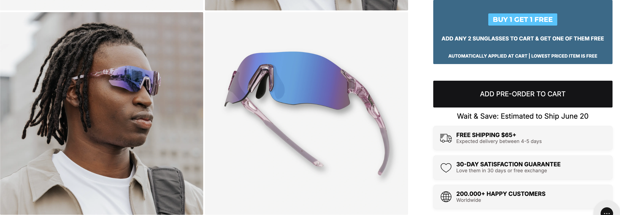 A young man with dreadlocks wearing purple reflective sunglasses, with a cityscape background, and a detailed image of a purple and pink sports sunglasses with a mirrored lens.