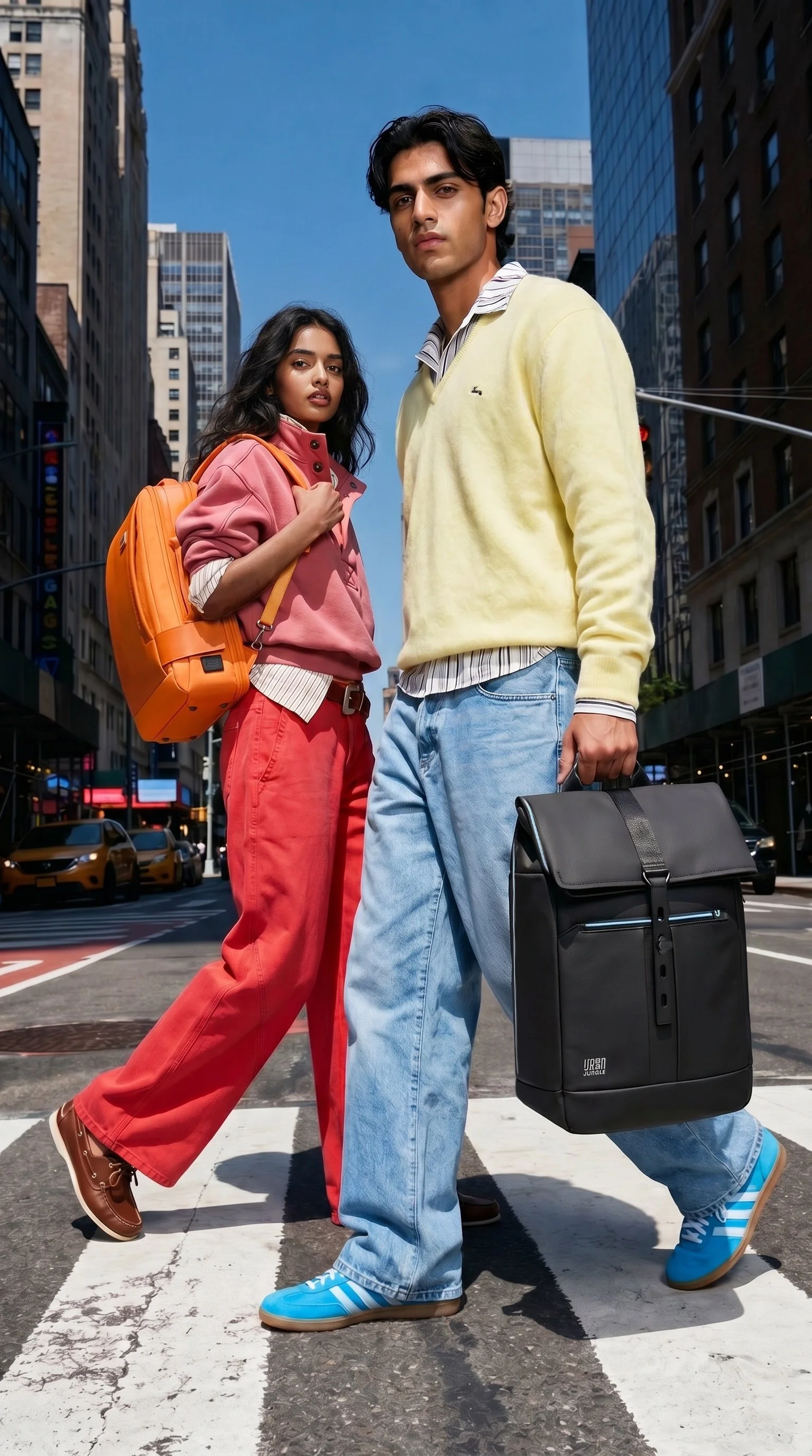 Two young adults crossing a city street, one woman with an orange backpack and colorful outfit, one man with a black briefcase and light yellow sweater, with tall buildings and cars in the background.