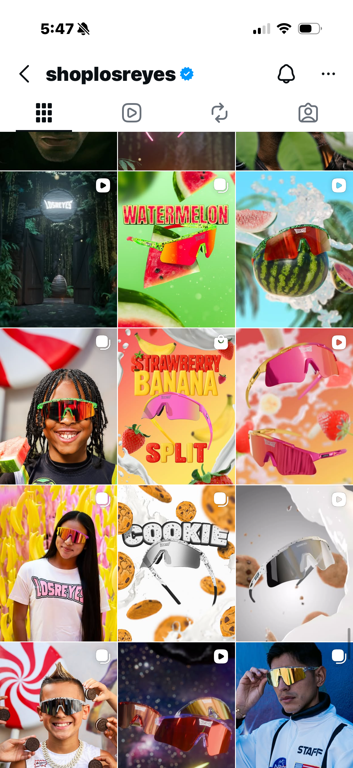 Collage of people and colorful graphics featuring sunglasses, with themes of watermelon, strawberry, banana, and cookies.