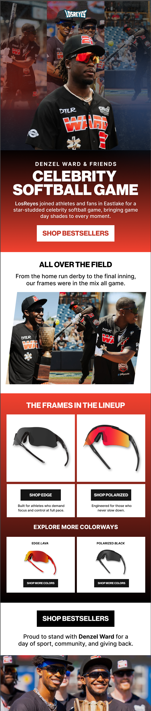 Promotional image for a celebrity softball game featuring Denzel Ward and friends. The image shows several baseball players, some holding trophies and wearing sunglasses and team jerseys. The text promotes the event, highlights apparel options, and encourages supporting Denzel Ward.