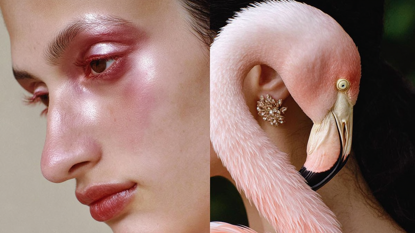 Close-up of a woman's face, showing her eye, eyebrow, and nose with makeup; side profile of a pink flamingo with a black and white beak, wearing an ear earring with crystal embellishments.