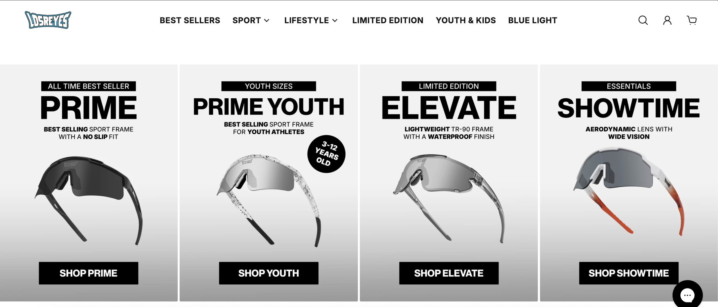 Website homepage displaying motorcycle goggles in various categories: Prime, Prime Youth, Elevate, ShowTime, with navigation menu and logo.