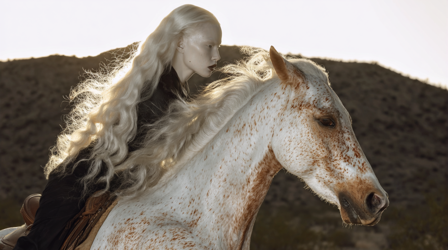 A woman with long, wavy platinum blonde hair riding a white and brown speckled horse in a desert landscape with hills in the background.