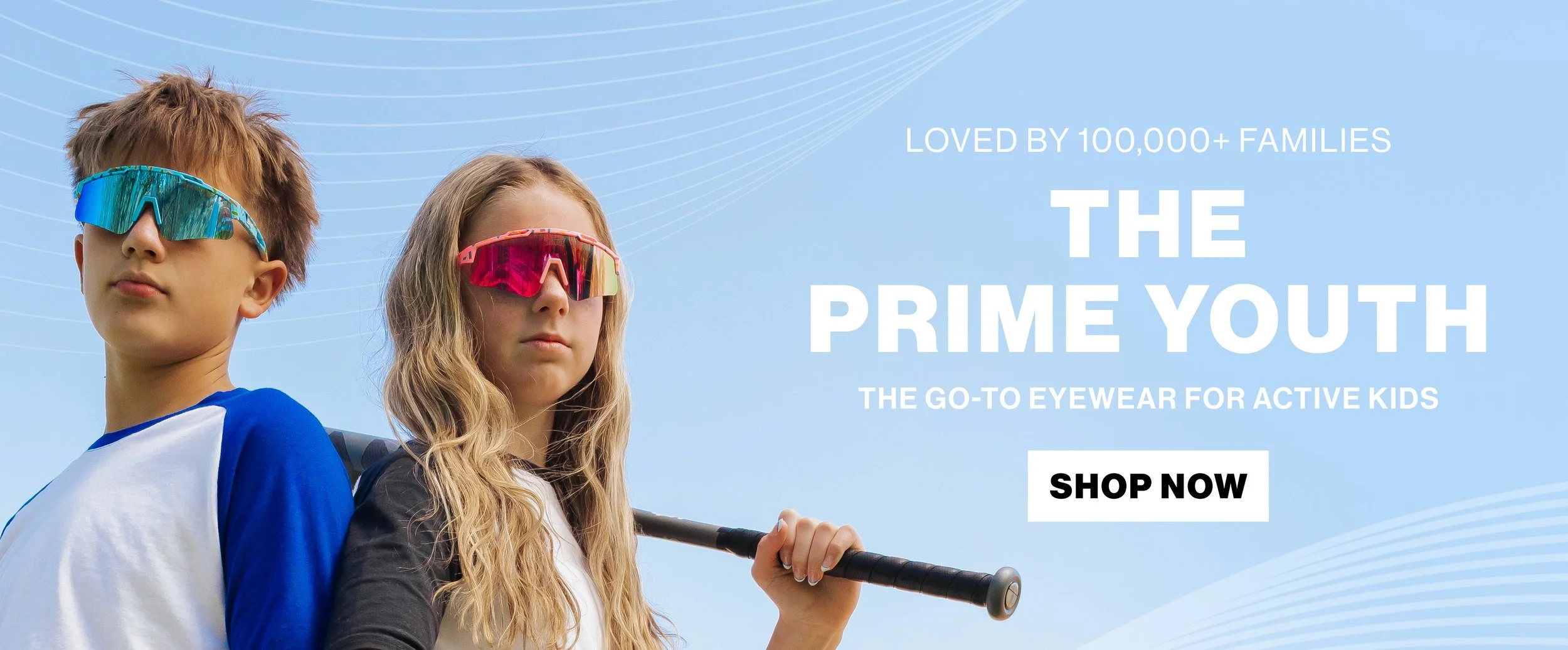 Two children wearing sporty sunglasses, standing outdoors against a blue sky with abstract white lines, with text promoting active kids' eyewear.