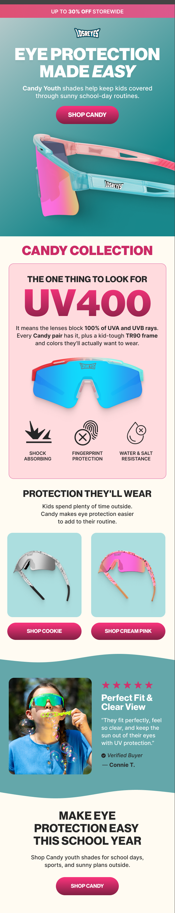 Vertical advertisement for LidsReyes sunglasses, featuring kids' sunglasses and promoting UV400 eye protection with shock absorption, fingerprint protection, and water and salt resistance. Includes call-to-action buttons for shopping Candy, Cookie, and Cream Pink sunglasses, with an image of a child wearing sunglasses and blowing bubbles.