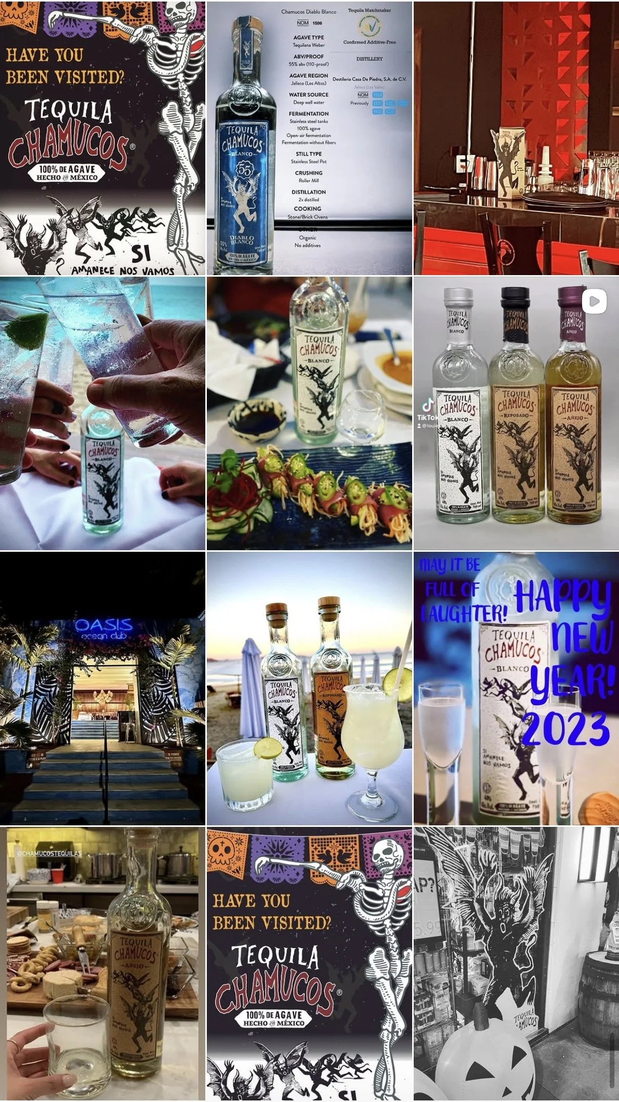 A collage of images related to Tequila Chamucos, featuring bottles of tequila, party scenes, a bar, and Halloween-themed decorations.