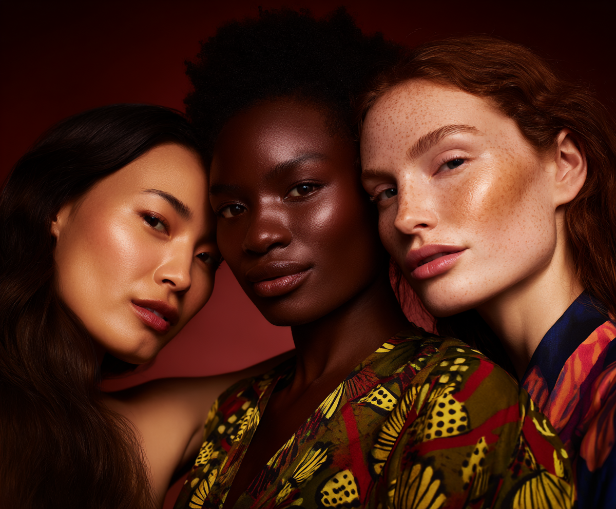 Close-up of three women of different ethnicities with natural makeup, posing together against a dark red background.
