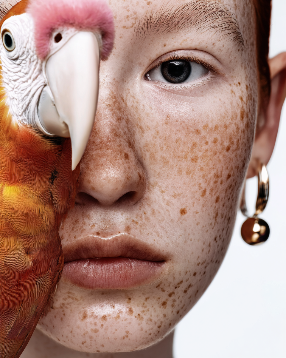 Close-up of a young woman with freckles and blue eyes, partially obscured by a colorful parrot.