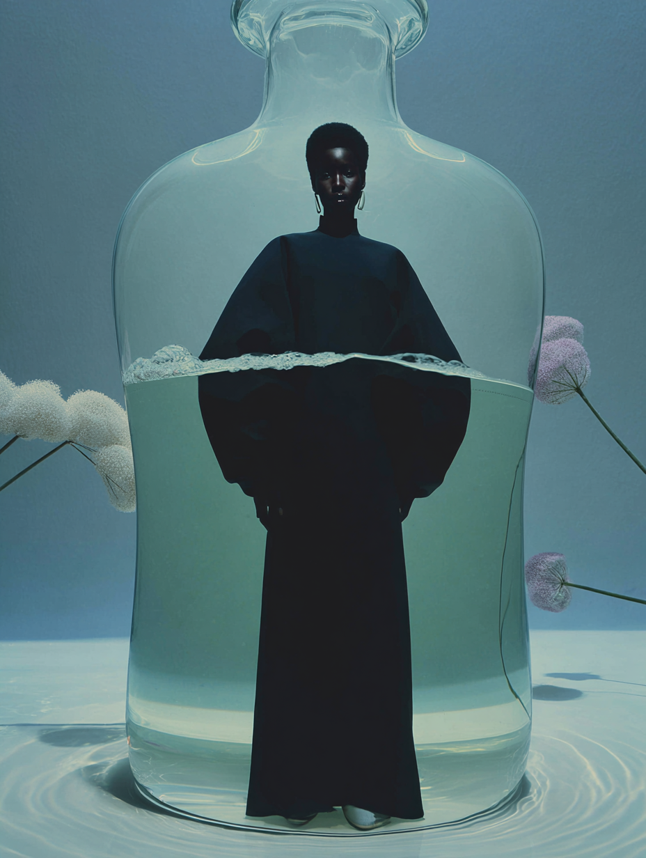 A woman with dark skin and short hair stands submerged in a glass bottle filled with water. The woman is dressed in black and is wearing earrings. The background is a blue sky with clouds and pink flowers surrounding the scene.