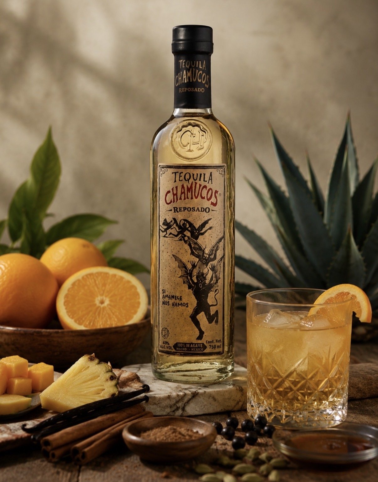 A bottle of Tequila Chamucos Reposado surrounded by oranges, pineapple slices, vanilla beans, cinnamon sticks, black peppercorns, and a glass of tequila with ice and an orange slice. There is also a bowl of pineapple chunks and a small dish of dark s