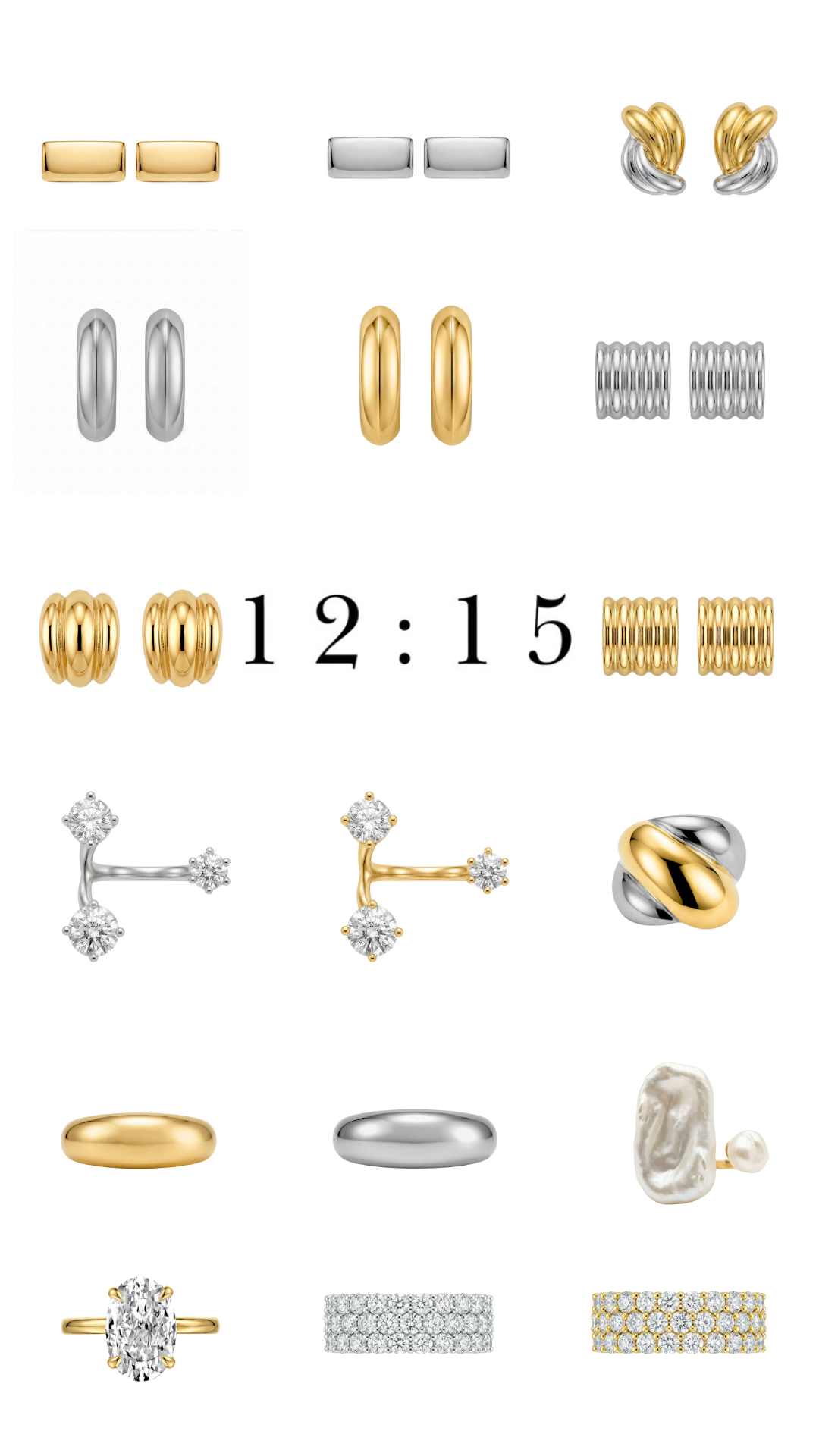 Various gold and silver jewelry including earrings, rings, and bracelets arranged in rows with a central decoration of gold rings and a time displayed as 12:15.