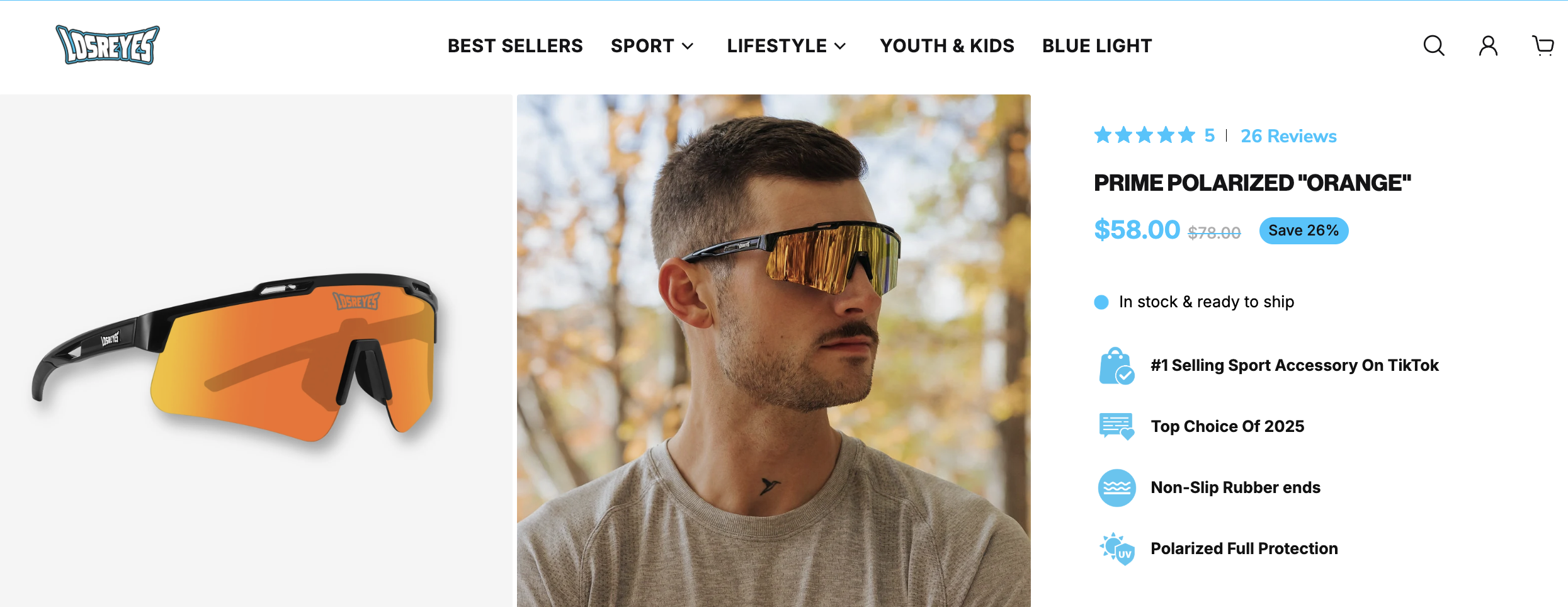 Comparison of a pair of orange and black sports sunglasses and a man wearing similar sunglasses outdoors amidst autumn trees.