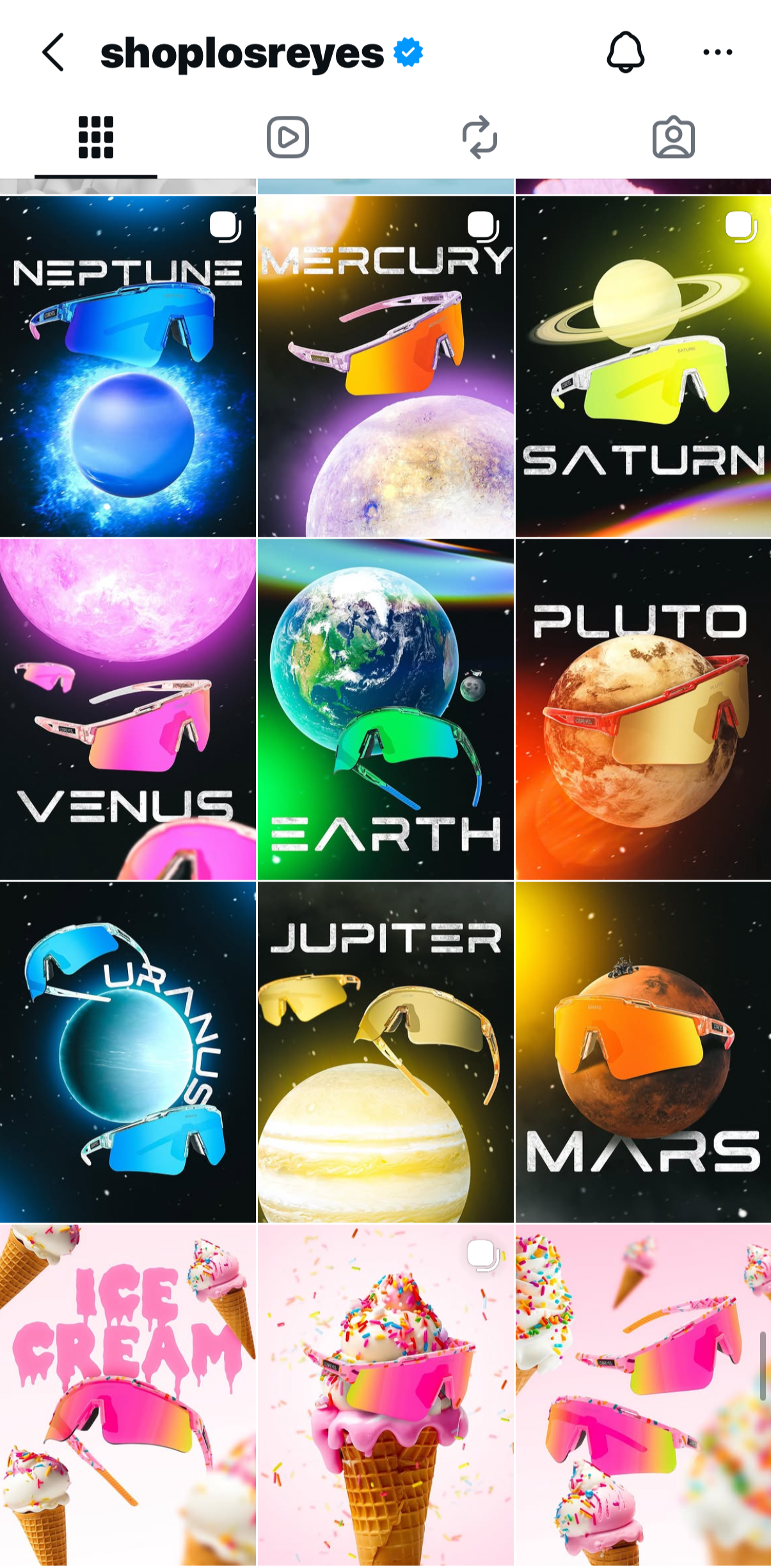 Collection of images of sunglasses themed around planets in the solar system, including Neptune, Mercury, Saturn, Venus, Earth, Pluto, Uranus, Jupiter, and Mars, with colorful space backgrounds.