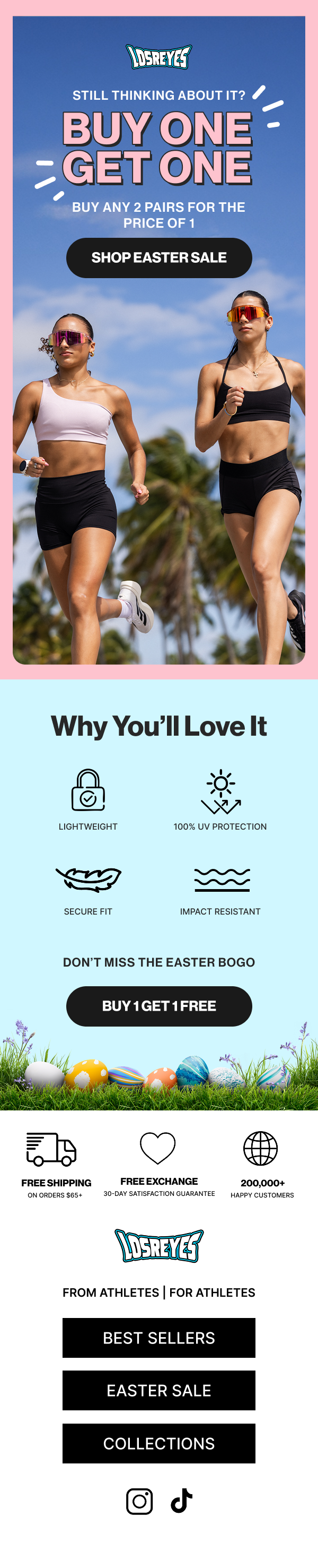 Advertisement for Losreyes featuring two women in sports bras and shorts running outdoors with palm trees in the background, promoting buy one get one free Easter sale on athletic wear.