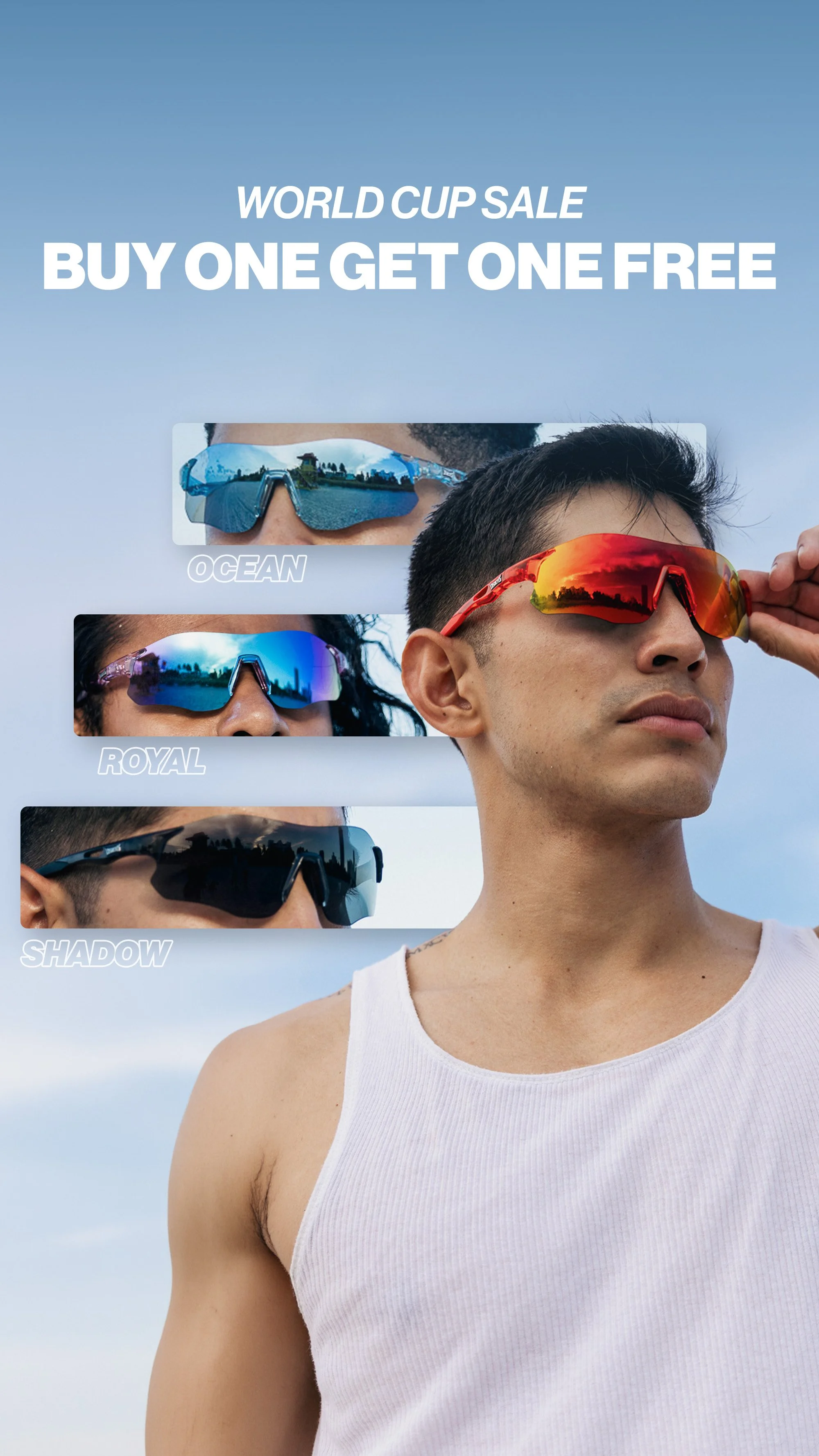 Young man wearing white tank top, posing outdoors with a clear sky in the background. Three pairs of sports sunglasses with reflective lenses in ocean blue, royal purple, and shadow black are shown alongside him, labeled accordingly.