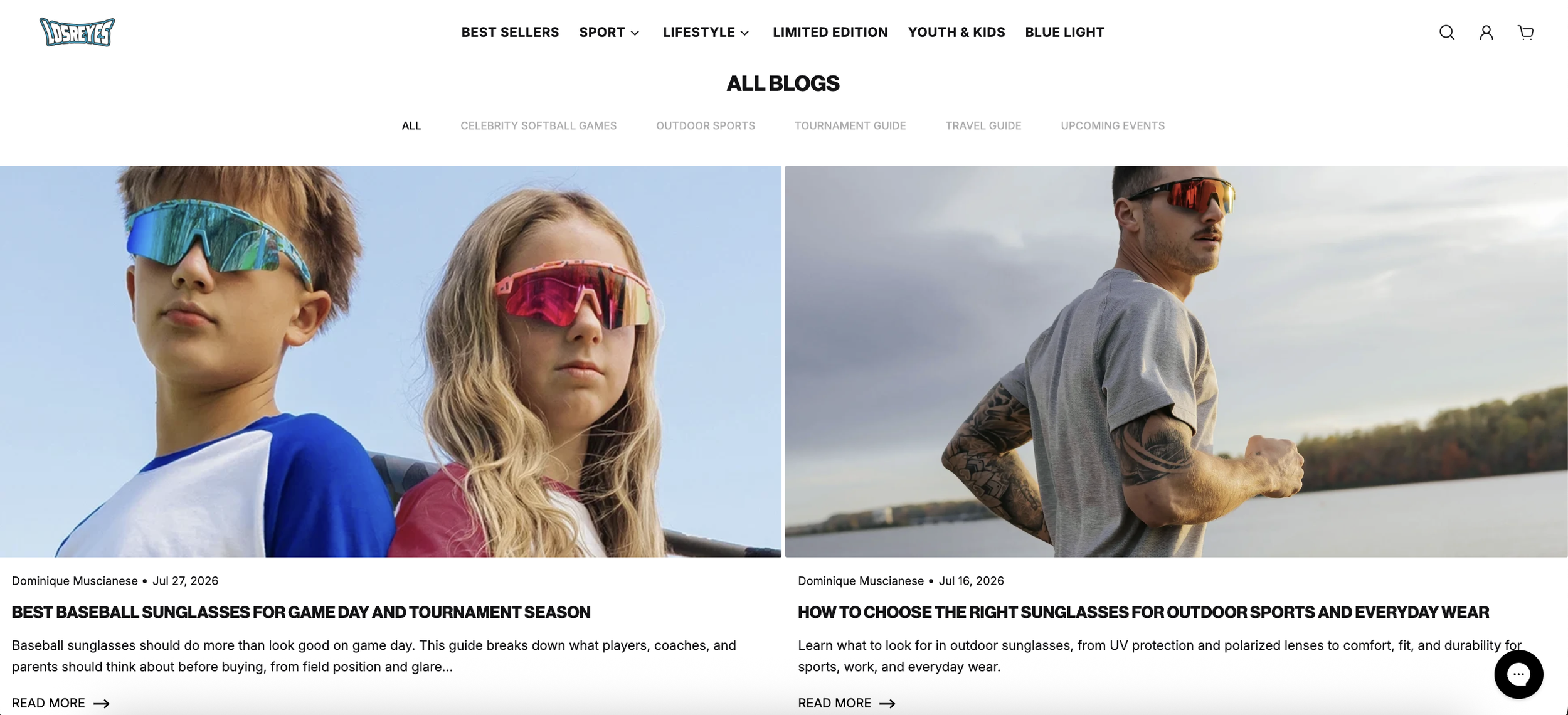 Screenshot of a website displaying two blog articles related to sunglasses, featuring images of kids wearing sporty sunglasses and a man with tattoos wearing sunglasses outdoors near a lake.