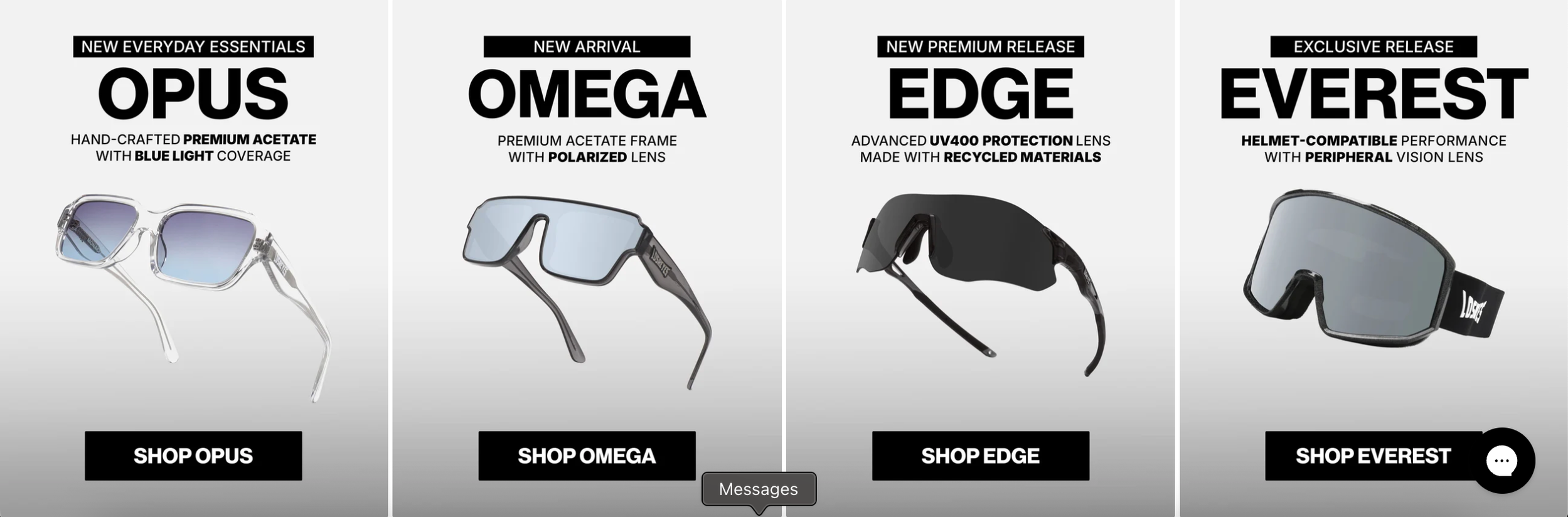 Advertisement for four different models of sunglasses, each with a name, features, and a shopping button. The models are Opus, Omega, Edge, and Everest.