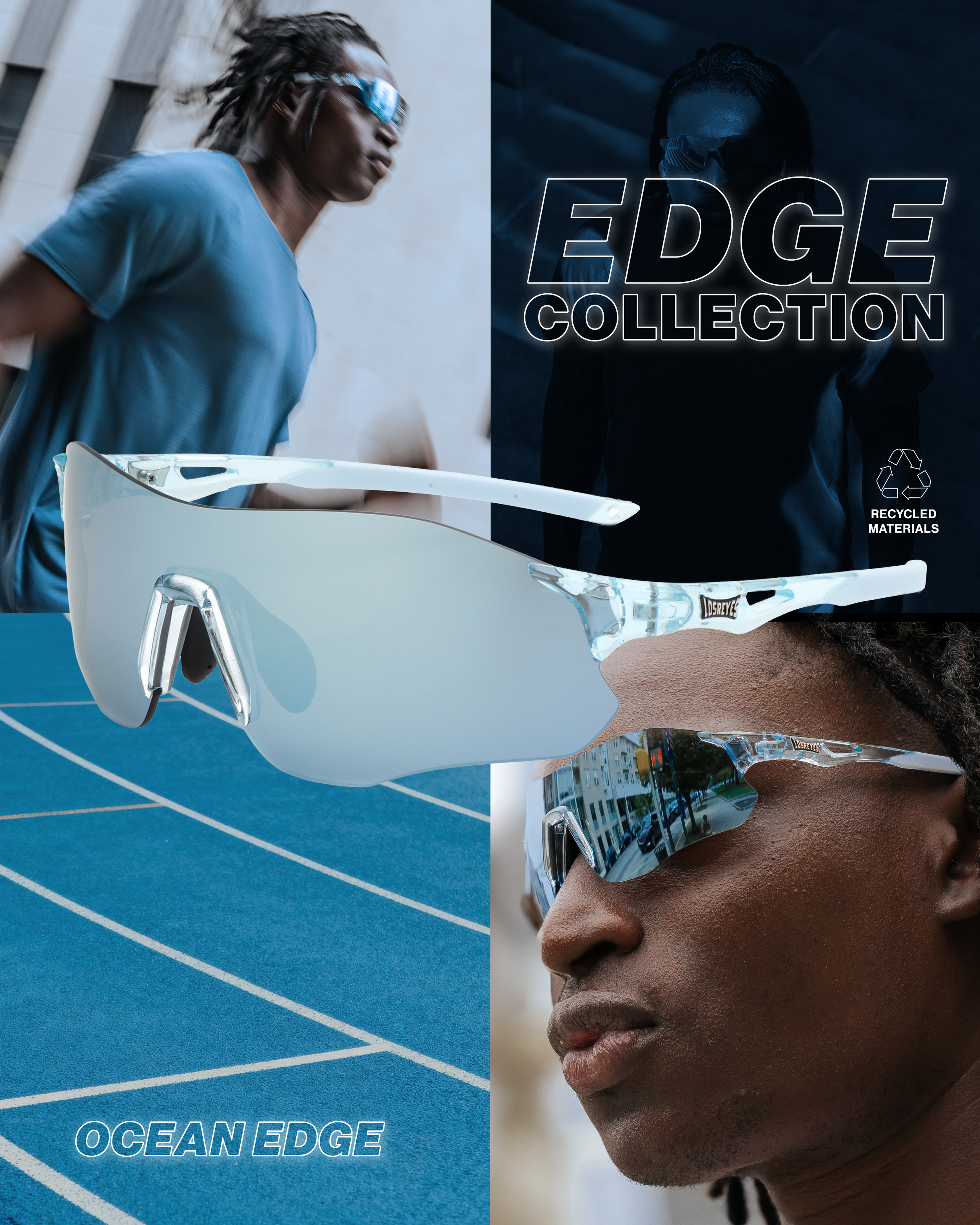 Close-up of a woman wearing reflective sports sunglasses and athletic attire, with a track and field background. The right side shows a dark silhouette of a woman with similar sunglasses, with the text 'EDGE COLLECTION' overlaid. A recycling icon with the text 'RECYCLED MATERIALS' is also present.