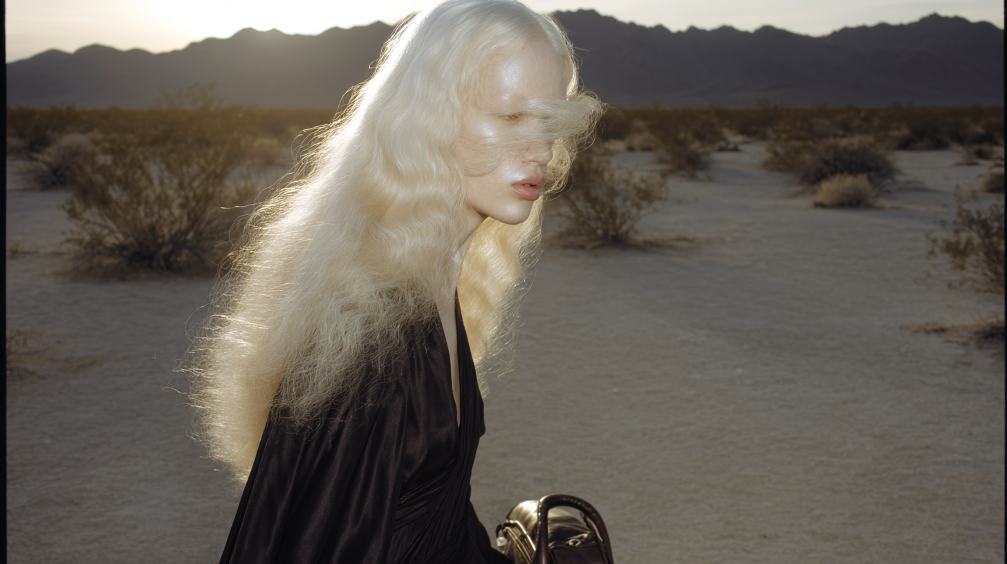 A woman with long, wavy blonde hair stands in a desert landscape with mountains in the background, illuminated by sunlight.
