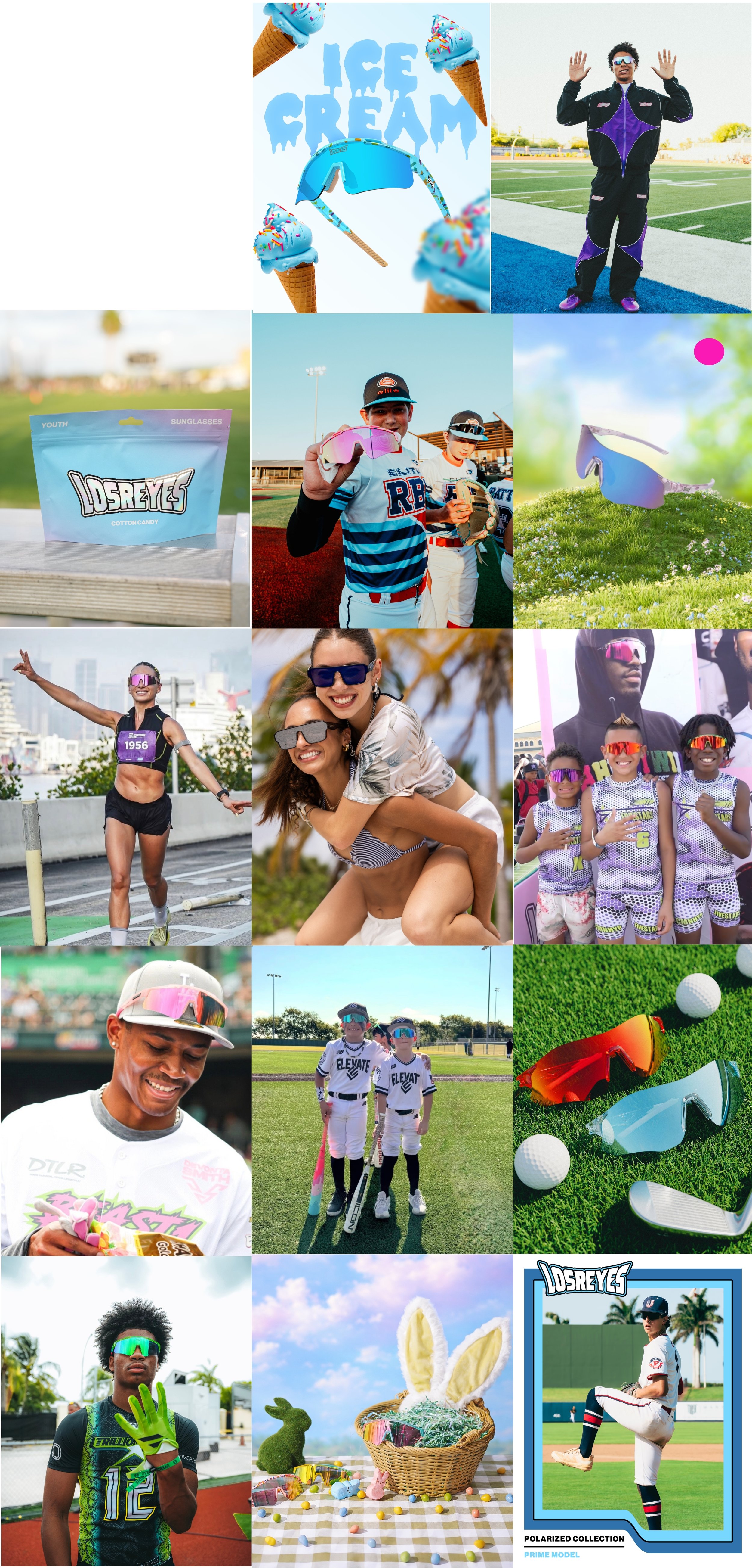 Collage of images with sunglasses, sports, and festive Easter themes, including people in athletic gear, Easter decorations, and sunglasses on grass.