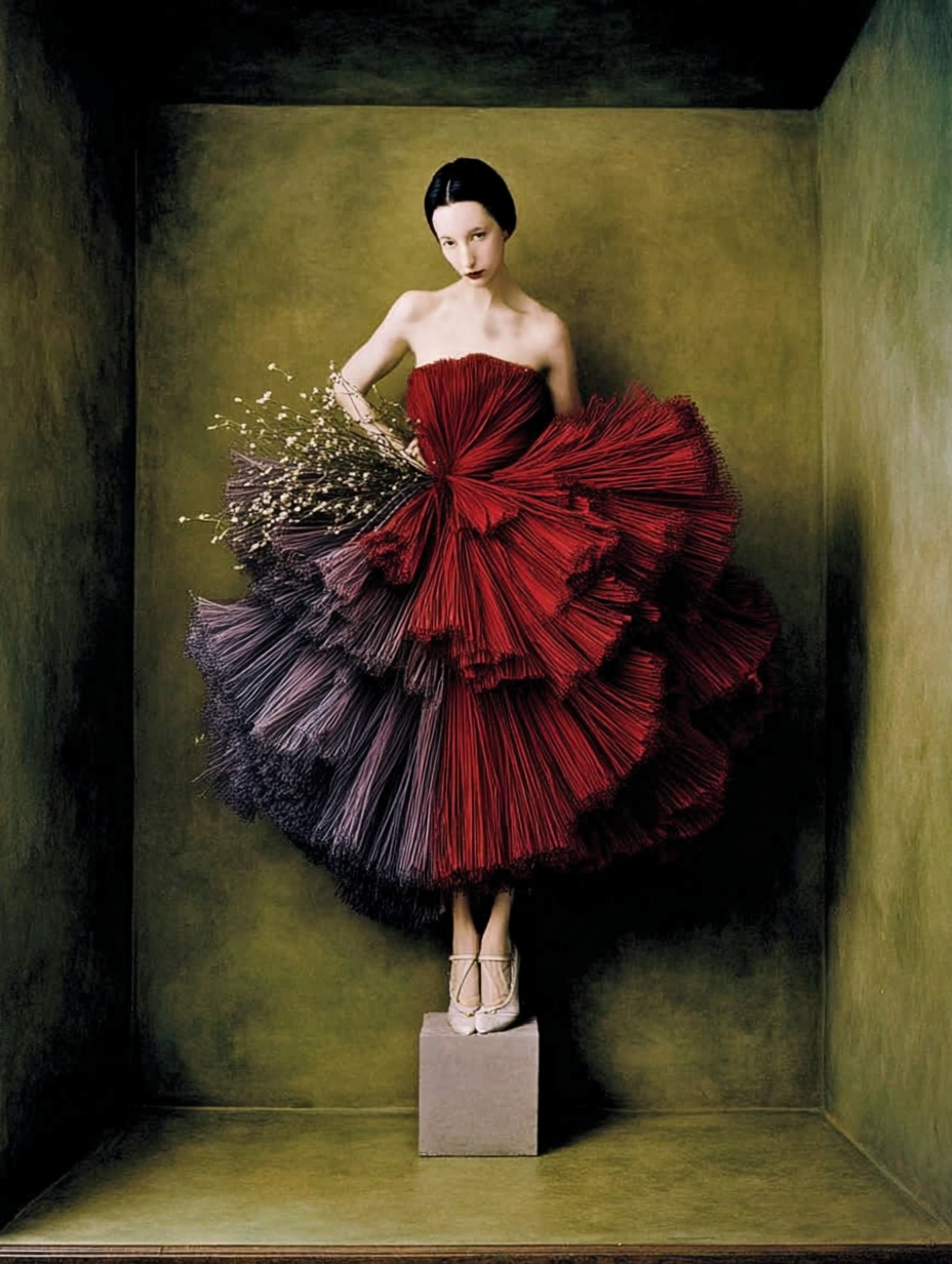 A woman with black hair and fair skin wearing a large red and black pleated dress, standing on a small platform in a green-walled room.