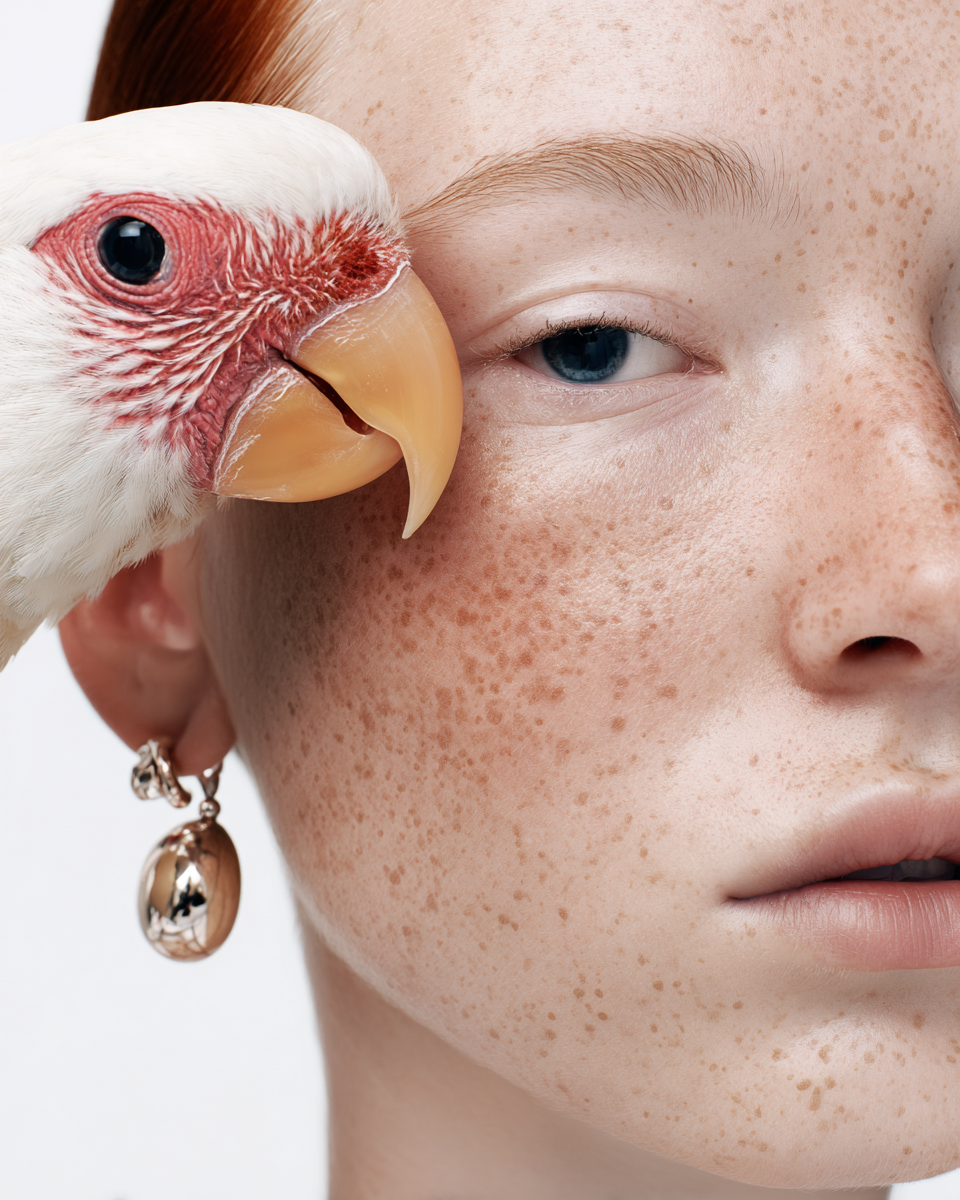 Close-up of a woman with freckled skin and blue eyes, with a chicken's face pressed against her left cheek, showing its beak and eye.
