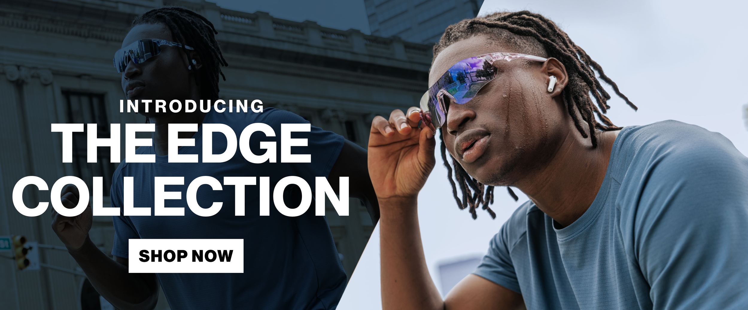 Two stylish men wearing sunglasses, one adjusting his sunglasses, with city buildings in the background. Text overlay says 'Introducing the Edge Collection' and a button labeled 'Shop Now'.