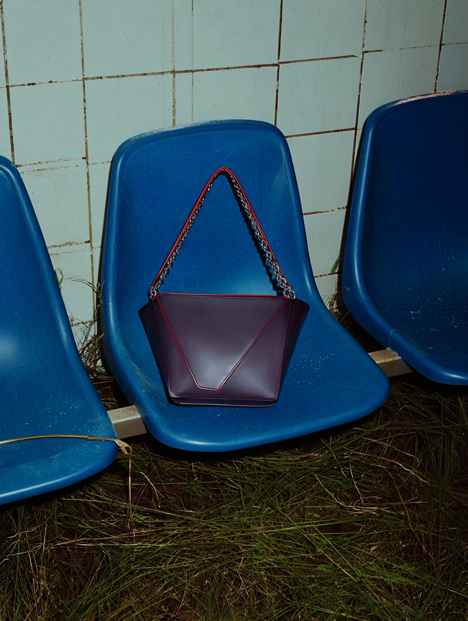 A purple handbag with a chain strap resting on a blue plastic stadium seat outside near a tiled wall and tall grass.
