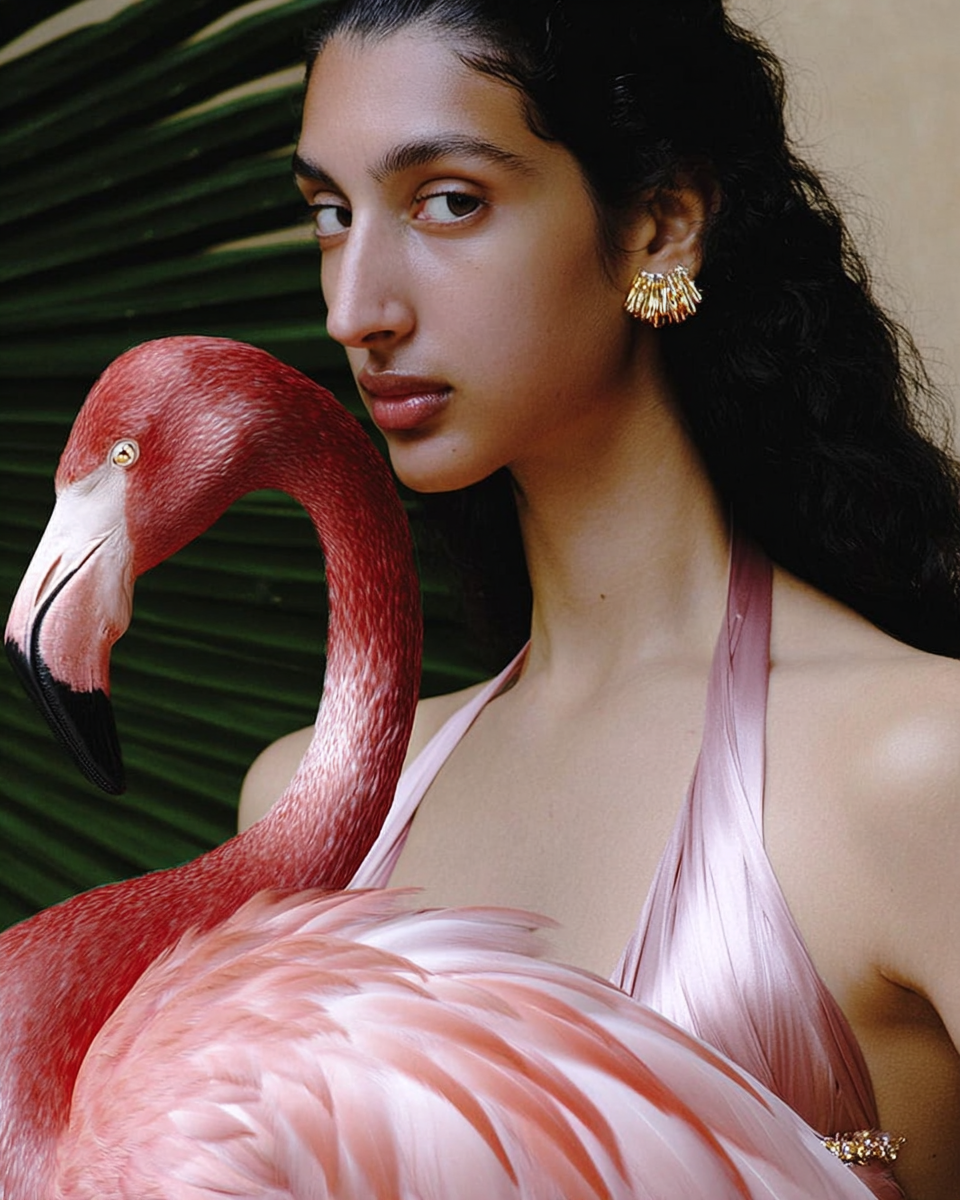 A woman with dark, curly hair wearing gold earrings and a pink satin dress, holding a pink flamingo with a green leafy background.