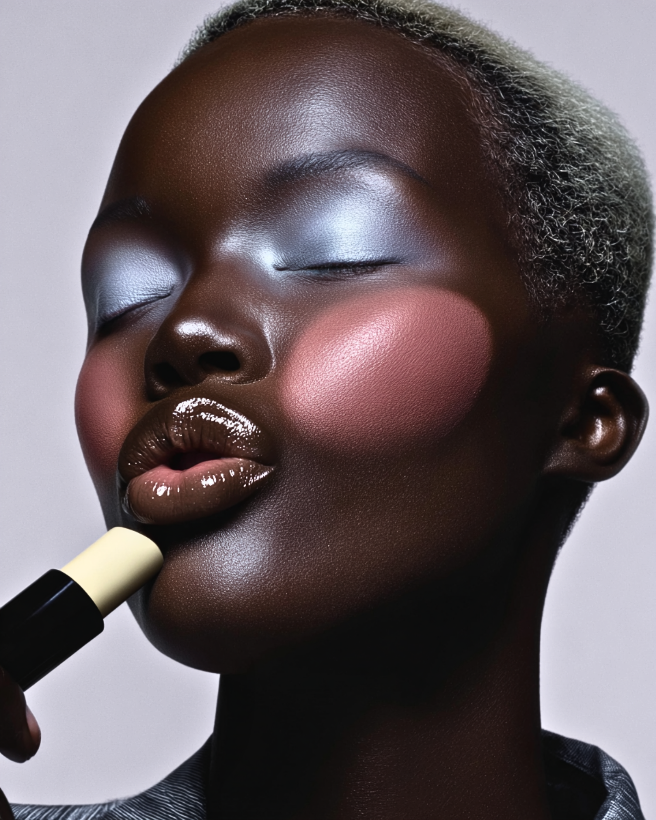 Close-up of a person with dark skin and short, curly hair, holding a makeup brush near their lips. The person has closed eyes with metallic eyeshadow and pink blush on their cheeks, emphasizing their makeup look.