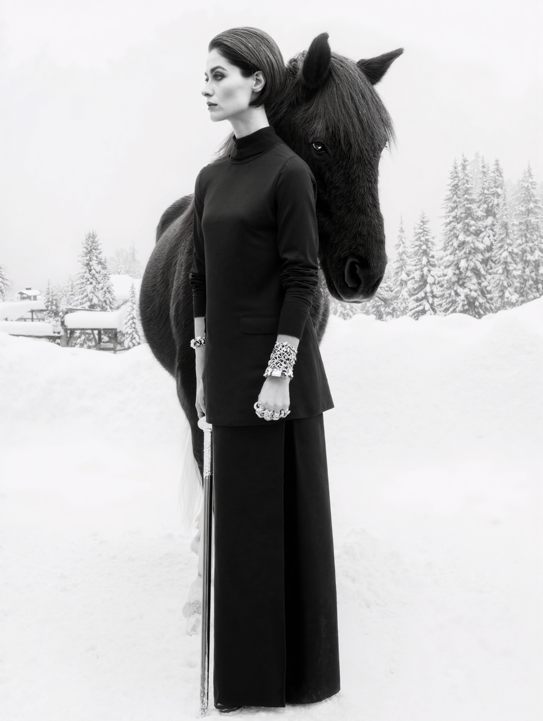 A woman with long hair and dark clothing standing in a snowy landscape with a horse partially behind her. The woman is holding a cane and wearing lace gloves. Snow-covered trees and a small building are in the background.