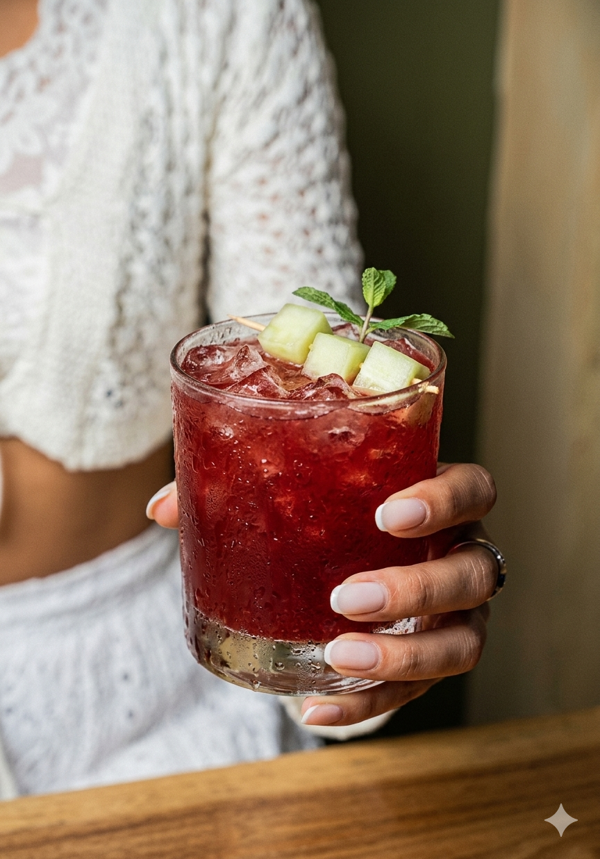 A person holding a glass of red cocktail garnished with melon cubes and mint leaves, with ice and condensation on the glass.