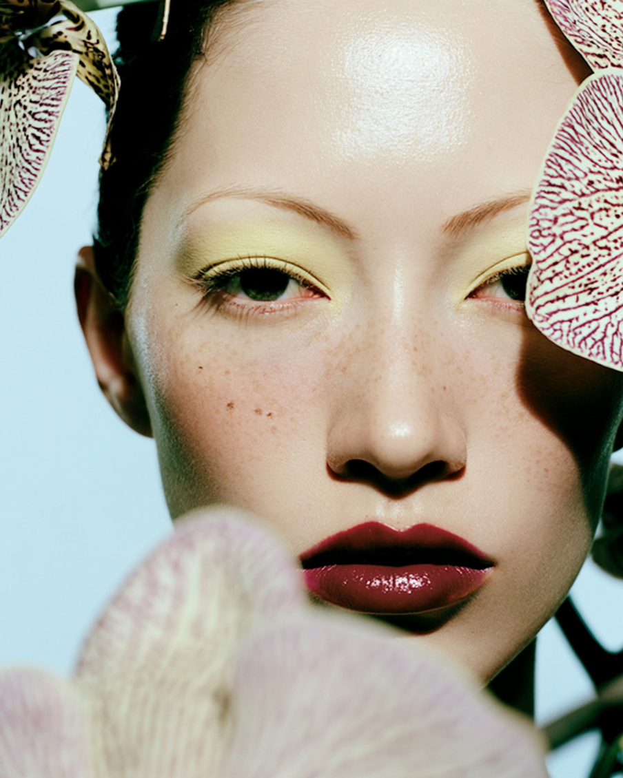 Close-up of a woman with makeup, including yellow eyeshadow, dark lipstick, and freckles, partially hidden behind patterned flower petals. by dominique muscianese