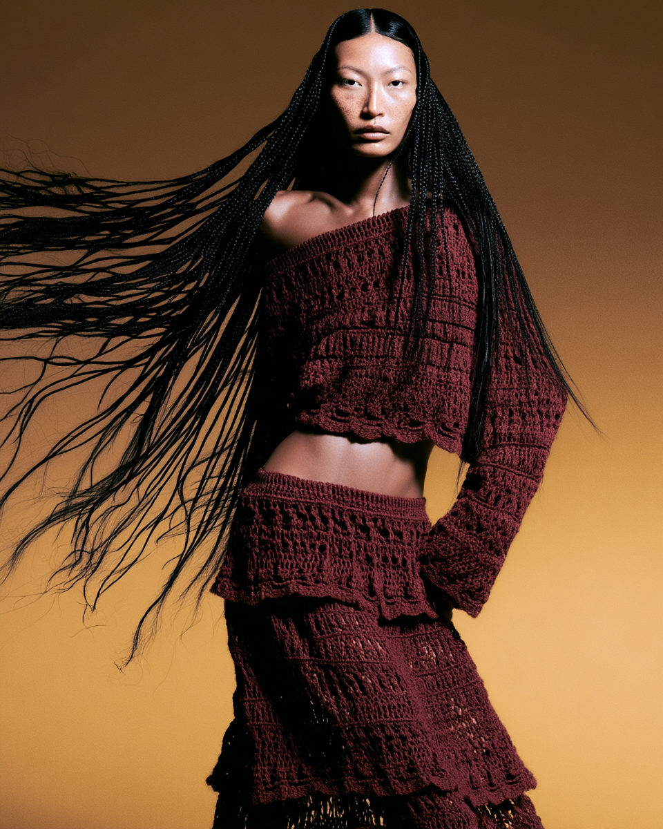 A woman with long black braided hair, wearing a maroon crochet top and skirt, posing against a brown gradient background.
