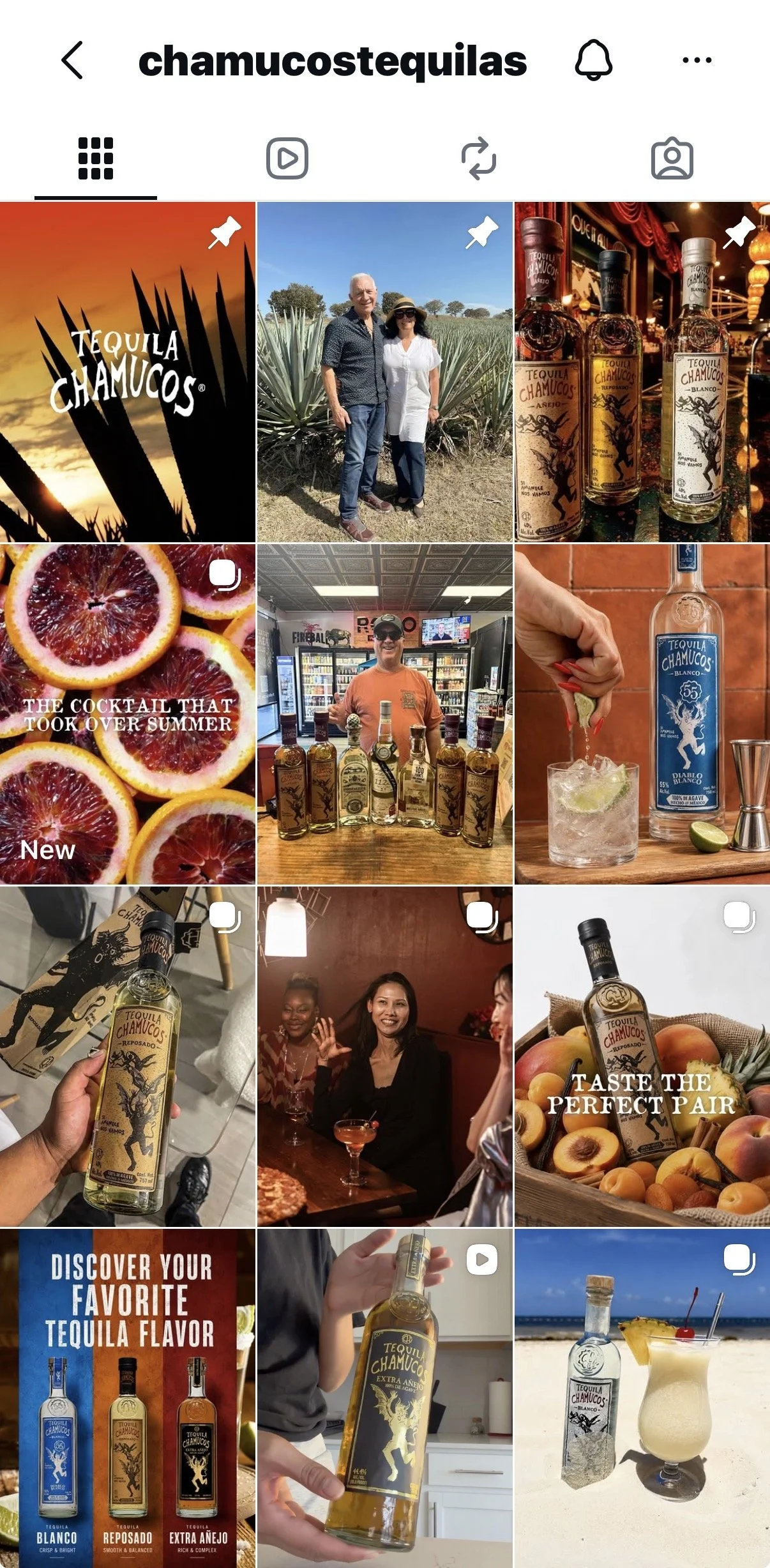 Collage of images featuring Tequila Chamucos branding, people enjoying tequila drinks, bottles of tequila, and related drinks and fruits.