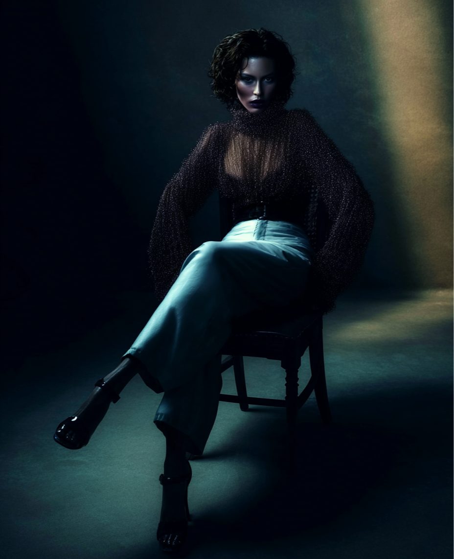 A woman with dark, curly hair sitting on a chair in a low-light setting, wearing a sheer, beaded top, wide-leg pants, and high heels, with dramatic makeup and intense expression.
