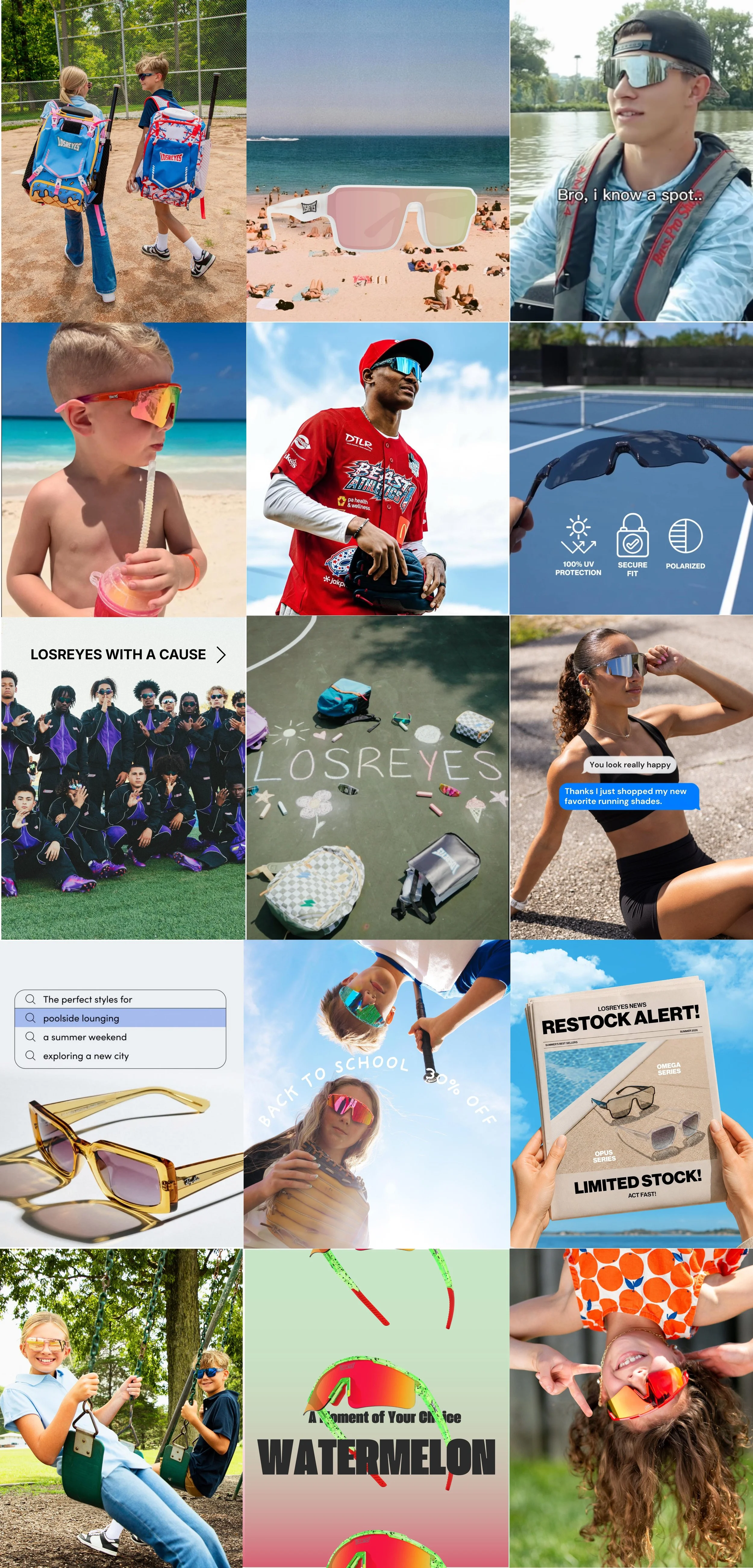 A collage of outdoor and summer activities including children at the beach, people wearing sunglasses, playing tennis, on a playground, and shopping for sunglasses.