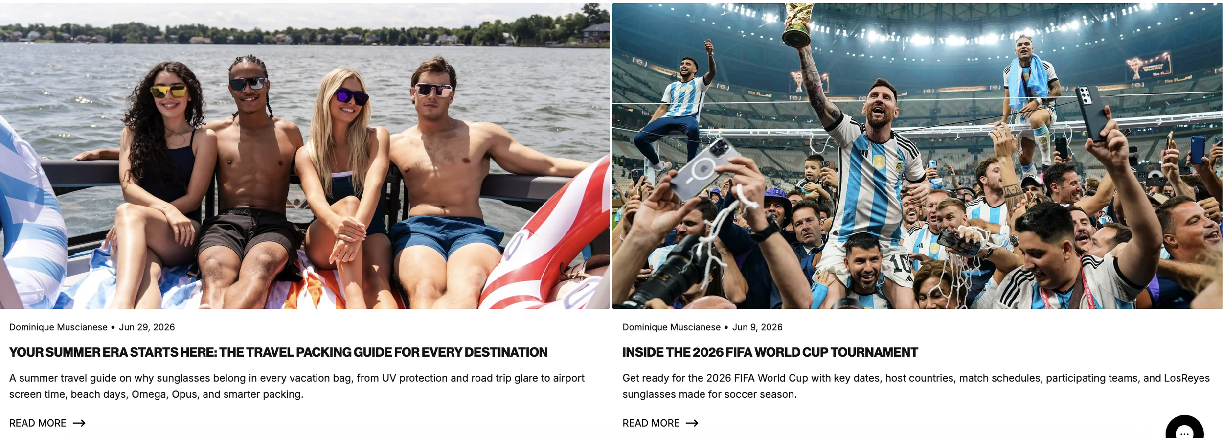 Left side: Four friends in sunglasses relaxing on a boat on a sunny day, with water and trees in the background. Right side: Celebrate soccer players and fans inside a stadium during a match, with some players holding a trophy and fireworks overhead.