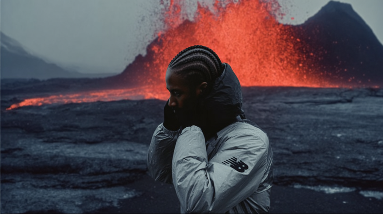 A woman with braided hair wearing a light gray jacket standing in front of erupting volcano with flowing lava and ash in the background.