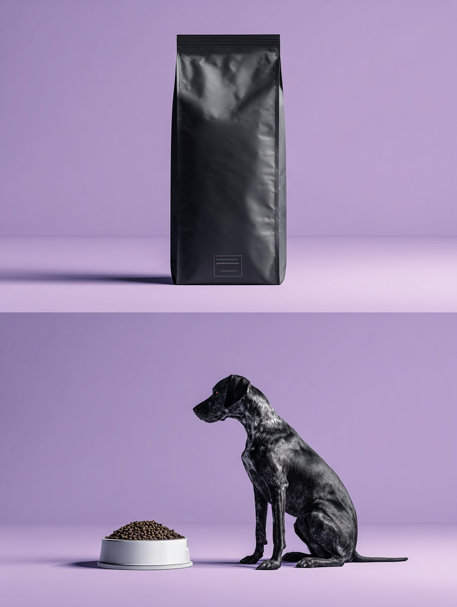A black bag of dog food on a purple surface with a purple background, a black and white dog sitting next to a white bowl filled with dry dog food.