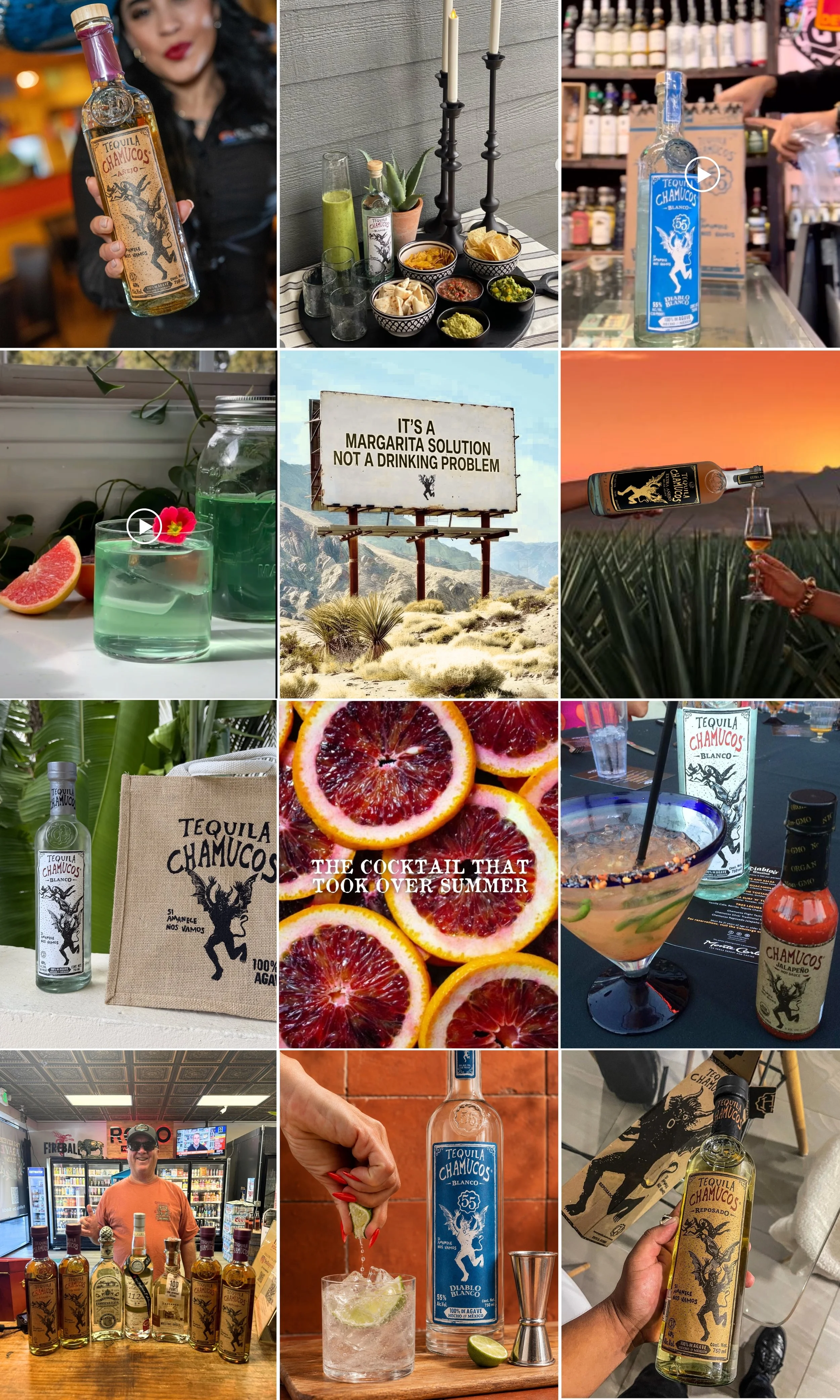 Collection of images featuring tequila bottles, cocktails, snacks, and signage from a tequila brand called Chamuco's, with people preparing drinks, fruits, and a humorous billboard about margaritas.