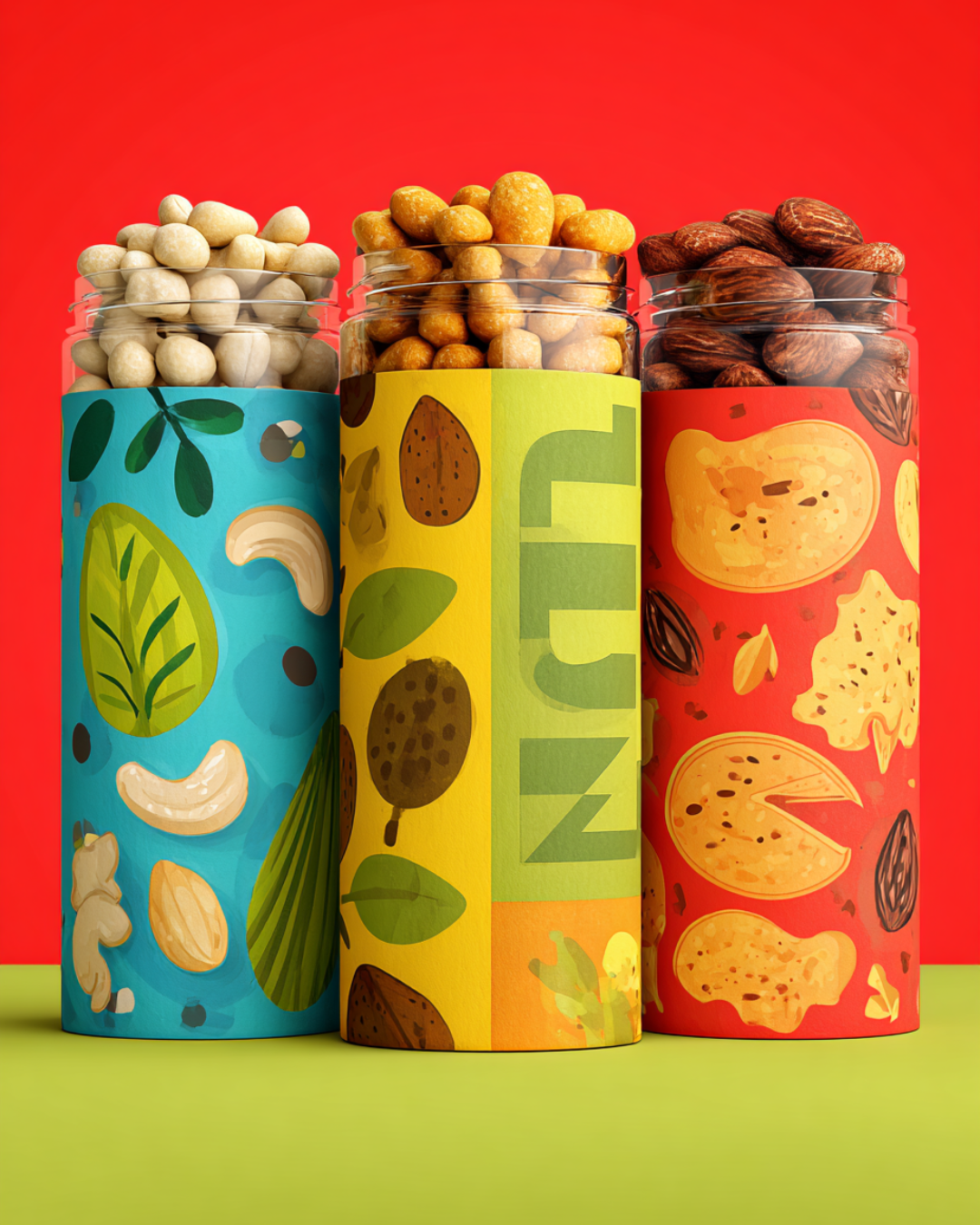 Three cylindrical containers filled with assorted nuts, each with colorful labels featuring illustrations of different types of nuts and fruits, set against a vibrant red background.