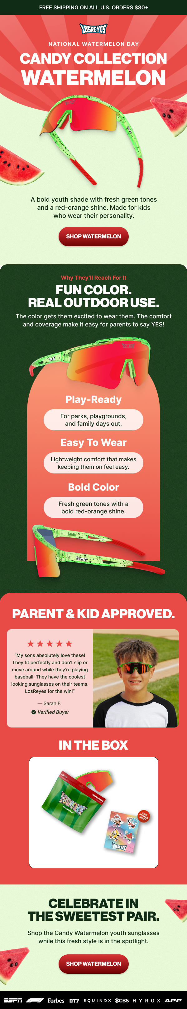 Advertisement for Los Reyes National Watermelon Day Candy Collection Watermelon sunglasses, featuring a boy wearing sporty sunglasses with watermelon design, surrounded by watermelon slices, promoting watermelon-themed sunglasses for kids.