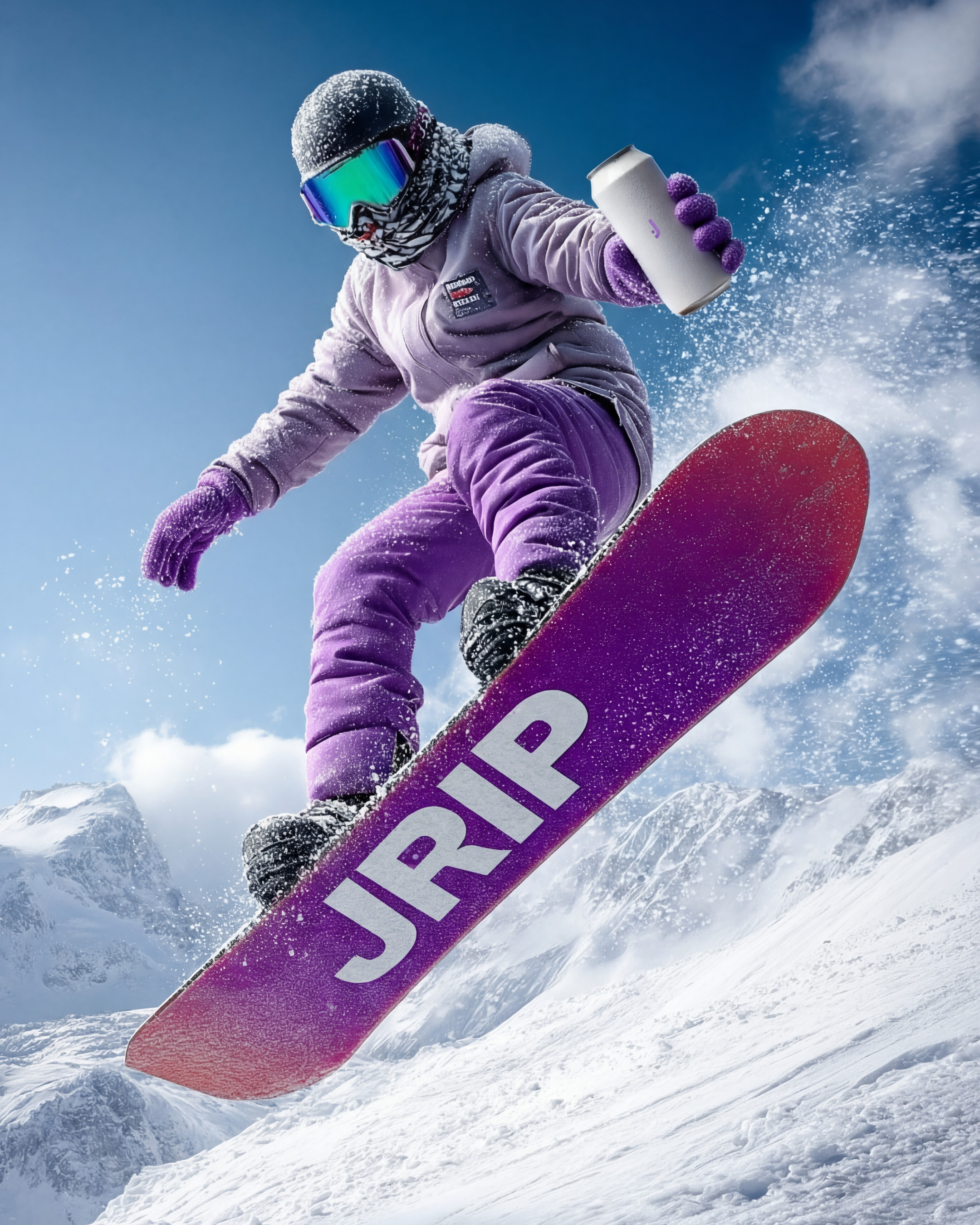 A skier wearing a helmet, goggles, and purple ski gear is mid-air on a snowy mountain slope, holding a white can, with a backdrop of snow-covered mountains and a partly cloudy sky.