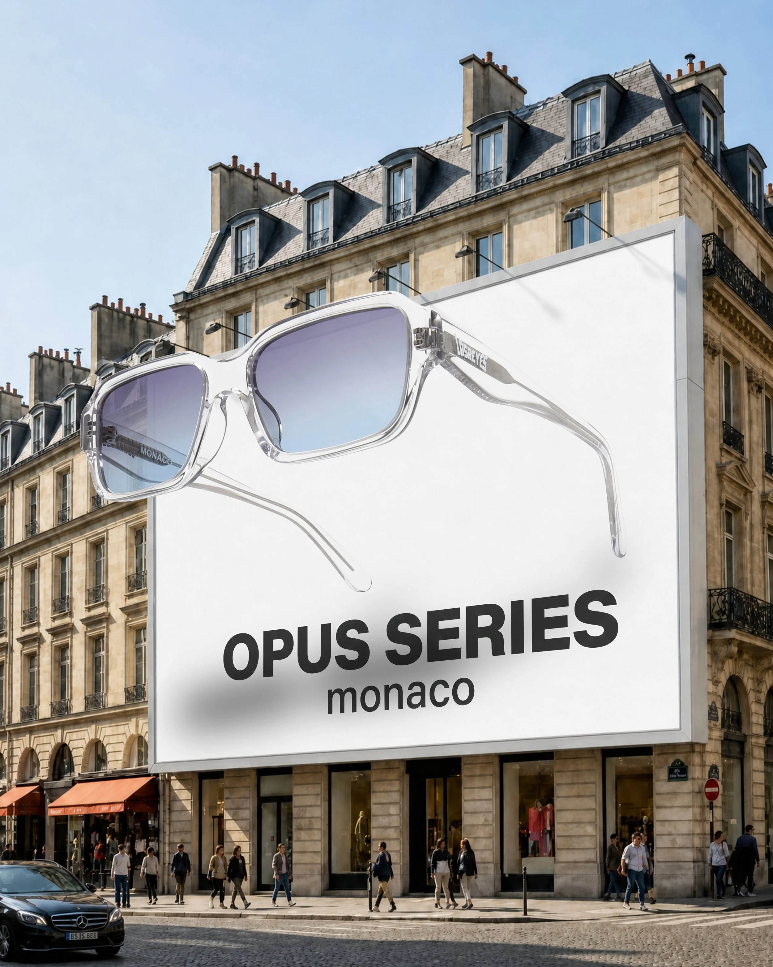 A city street scene with pedestrians walking on the sidewalk, a Mercedes-Benz car parked on the street, and buildings with classical architecture in the background. A large billboard featuring sunglasses advertising the Opus Series in Monaco is prominently displayed.
