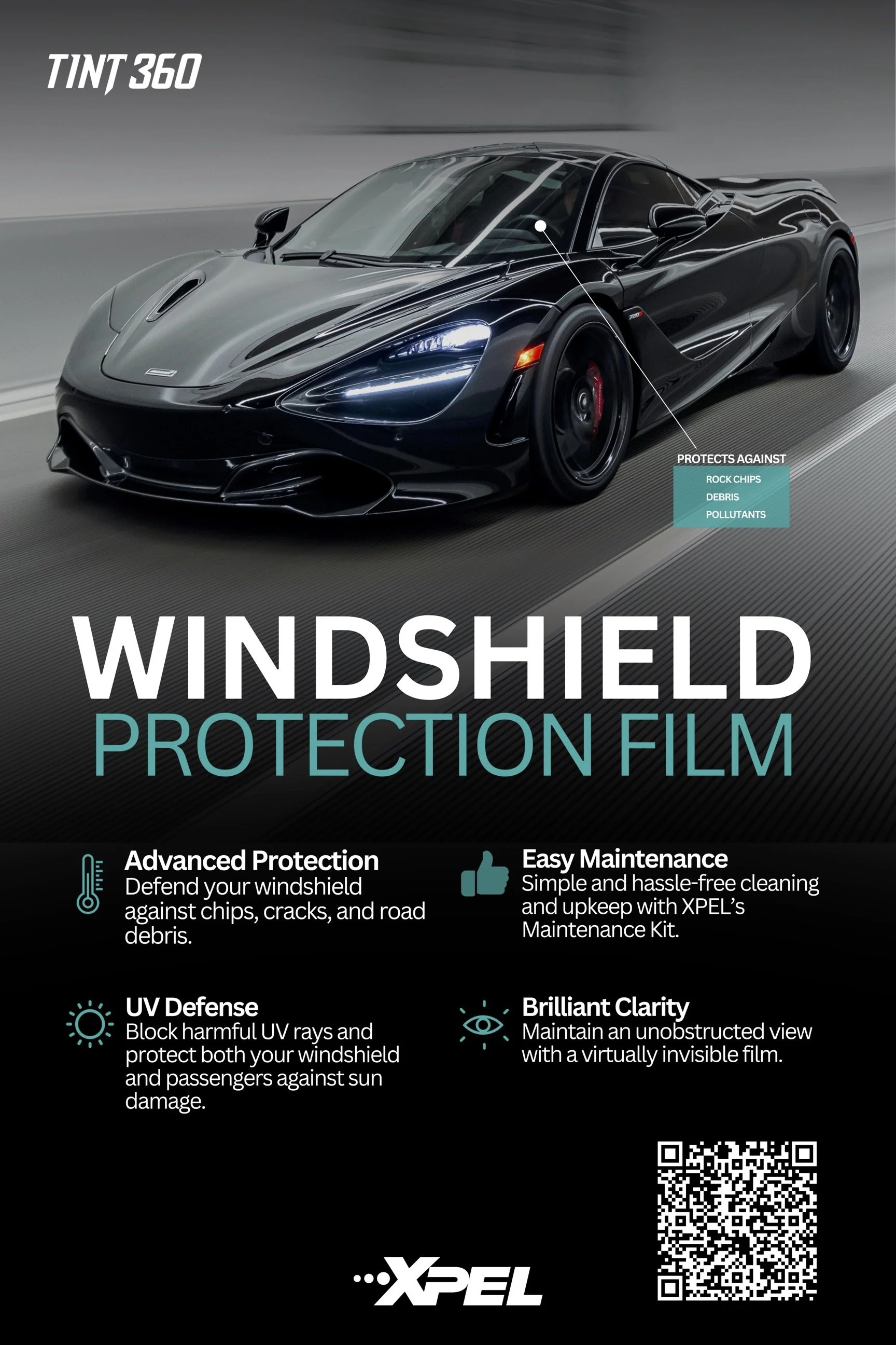 A sleek black sports car driving through a tunnel, with text and icons promoting windscreen protection film features such as advanced protection, UV defense, easy maintenance, and brilliant clarity.