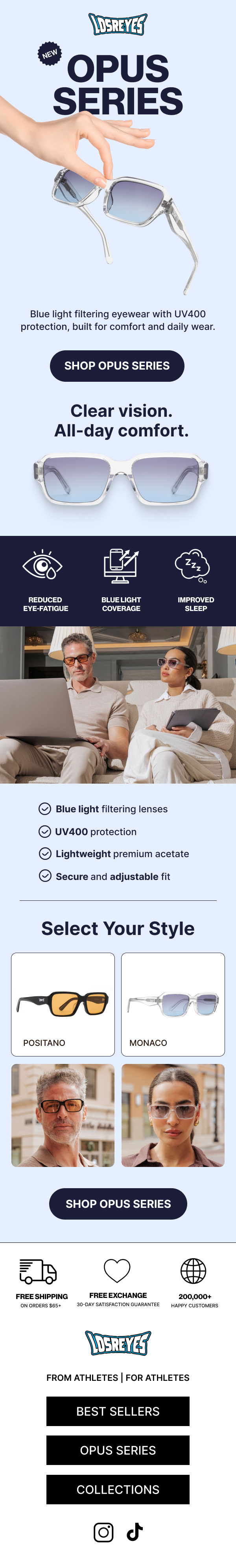 An advertisement for Osreyes Opus Series sunglasses featuring a pair of sunglasses with blue light filtering lenses and UV400 protection, and images of people wearing sunglasses.