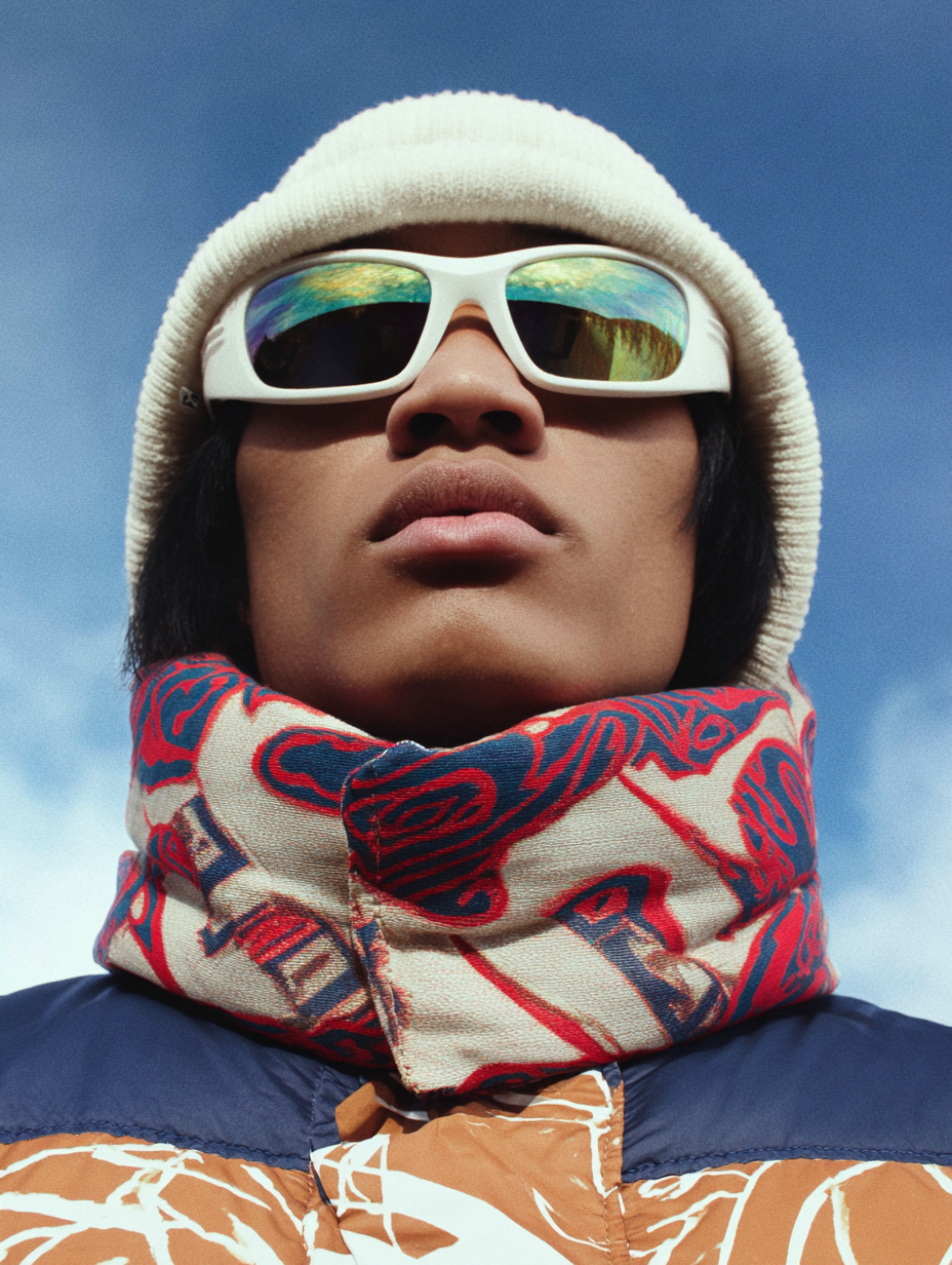 Close-up of a person wearing a white knit beanie, reflective sunglasses, a red and blue patterned scarf, and a colorful jacket, against a blue sky background.